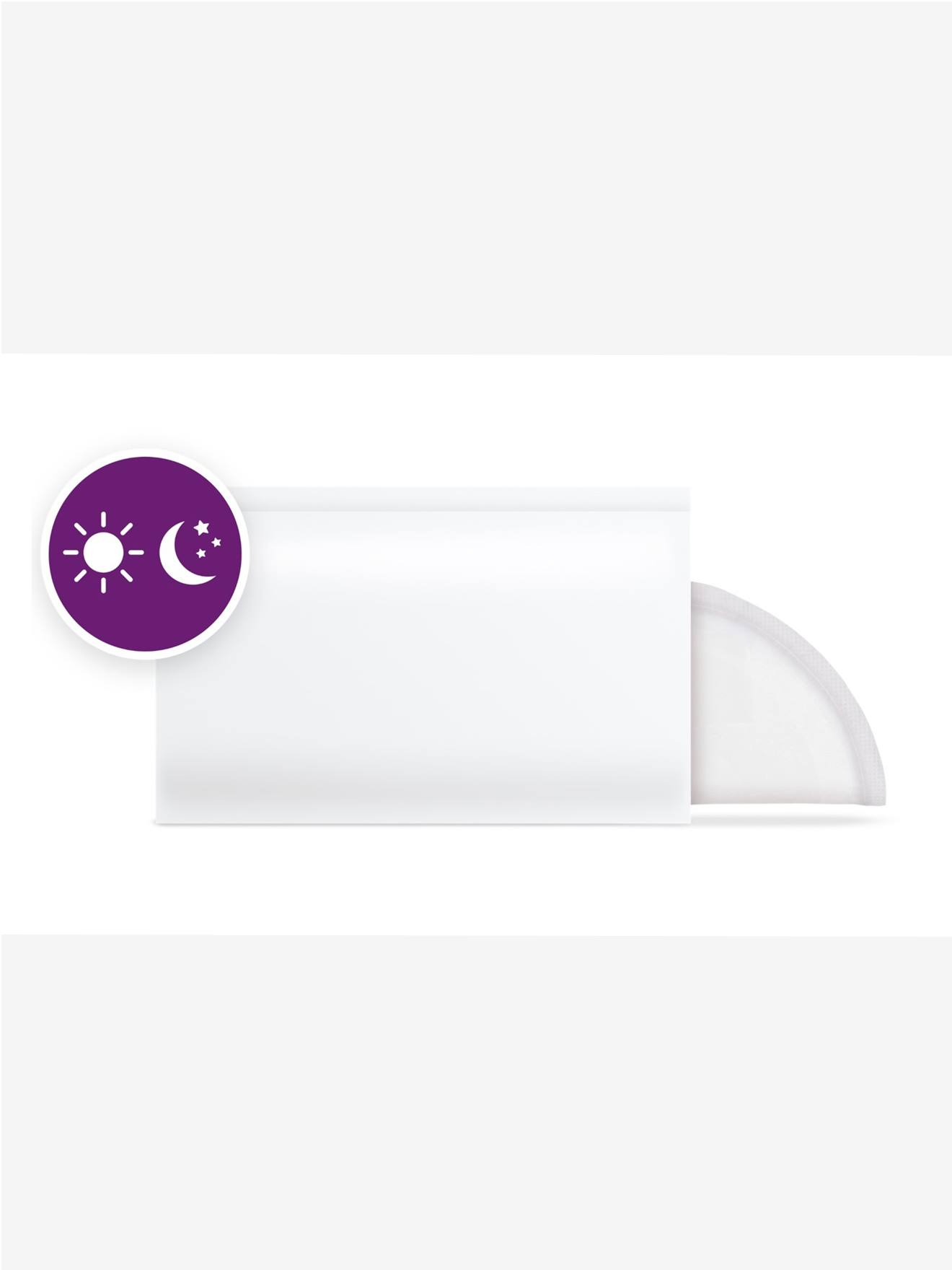 Fehér termékcsomagolás, lila nap- és hold szimbólummal.