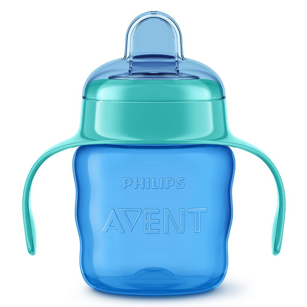 Kék cumisüveg zöldes-kék fogantyúkkal és kupakkal, Philips Avent felirattal.