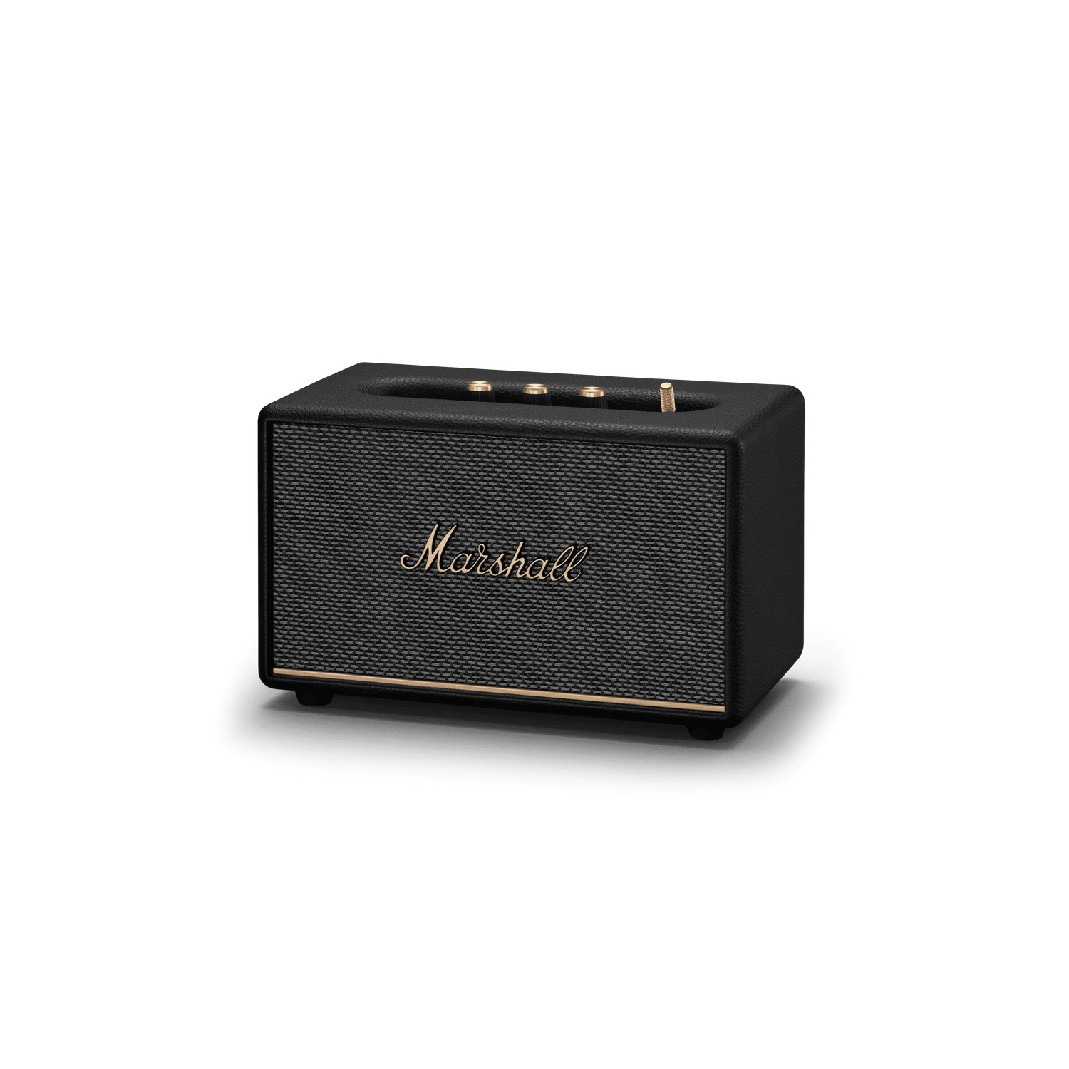 A black Marshall speaker is sitting on a white surface. It has gold accents and the Marshall logo.