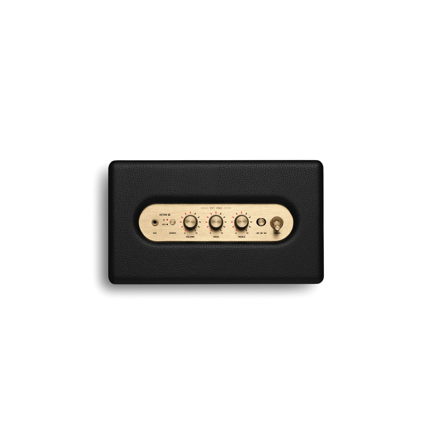 A black Marshall speaker with gold controls. It is on a white background.