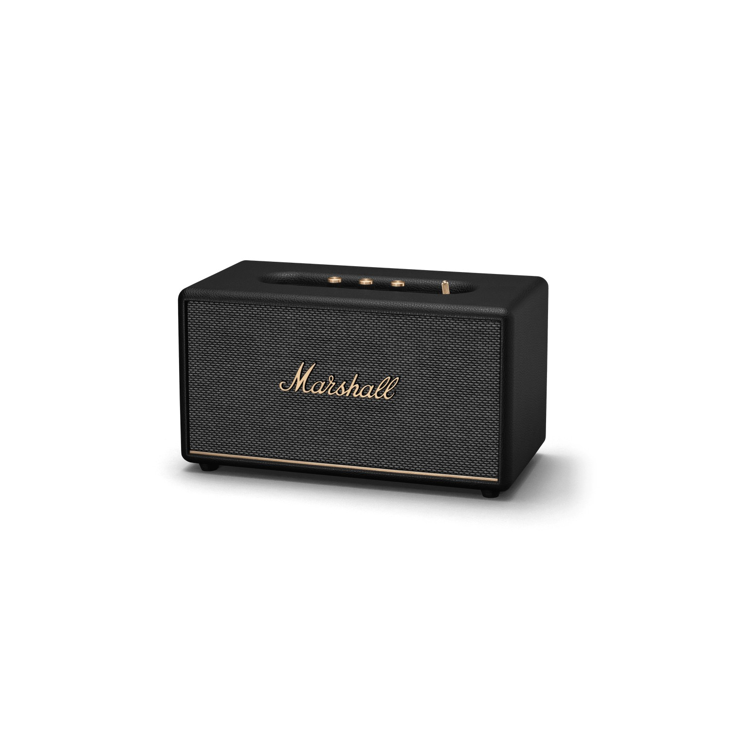 Zwarte Marshall-luidspreker met gouden accenten en stoffen rooster op witte achtergrond.