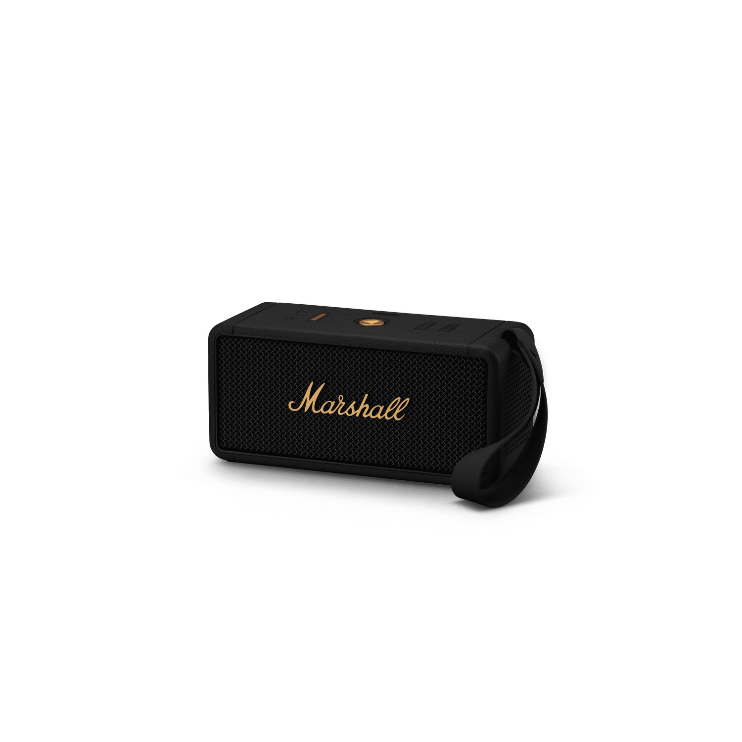 A black Marshall speaker with a strap, on a white background.