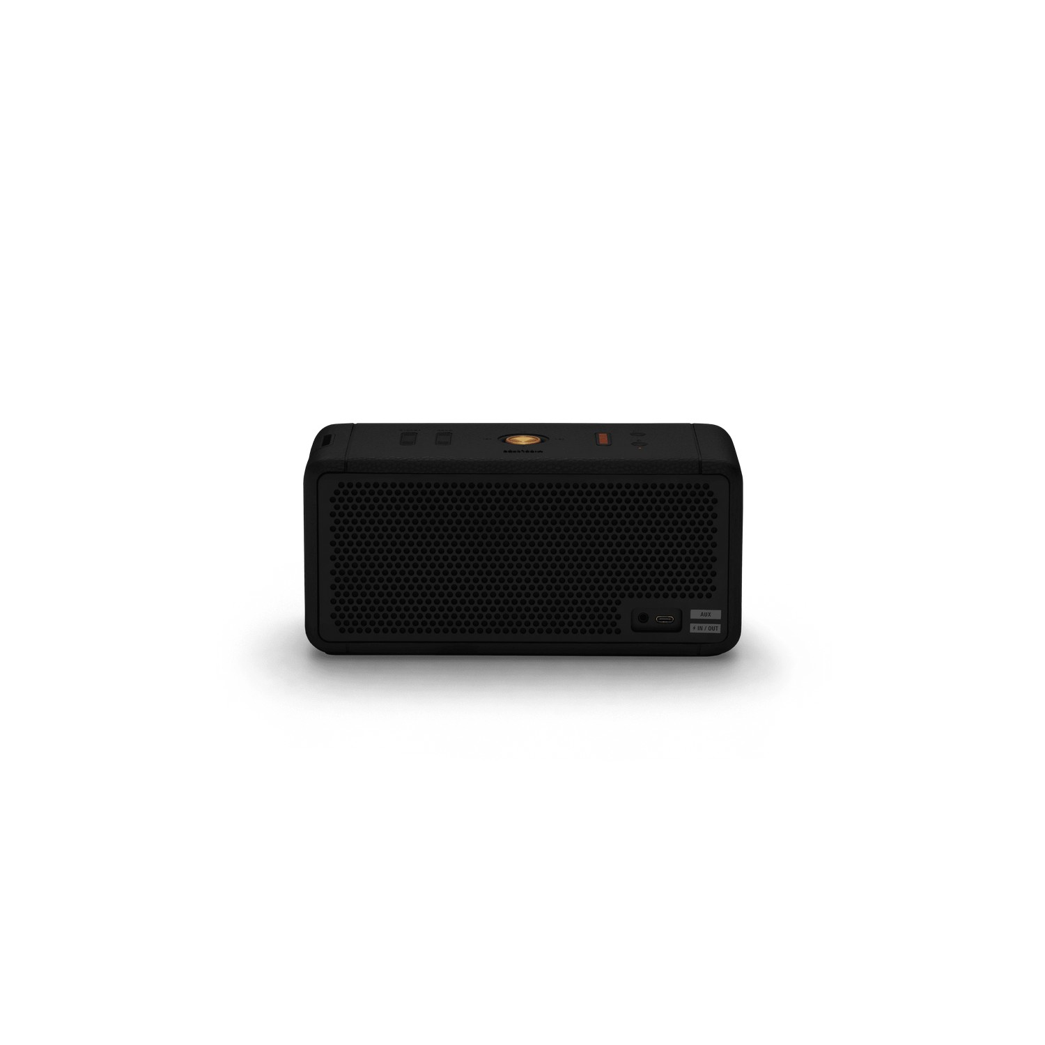 Black speaker on a white surface, with a few connection ports on the side.
