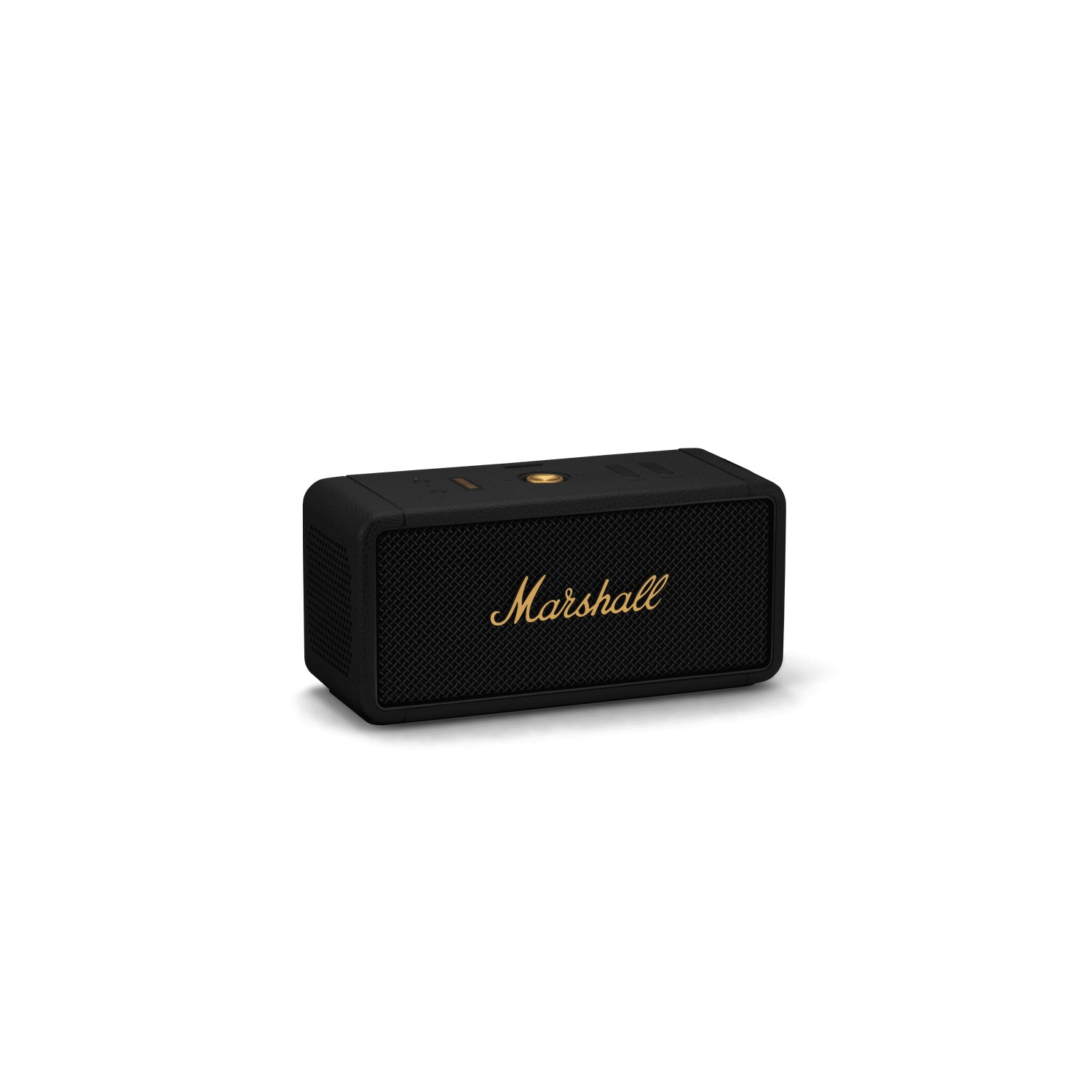 Black Marshall speaker. Black mesh front, gold Marshall logo. Rectangular.