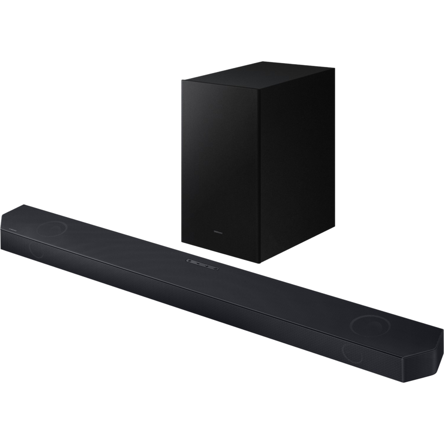 Een zwarte soundbar en subwoofer op een zwarte achtergrond. De soundbar is lang en rechthoekig.