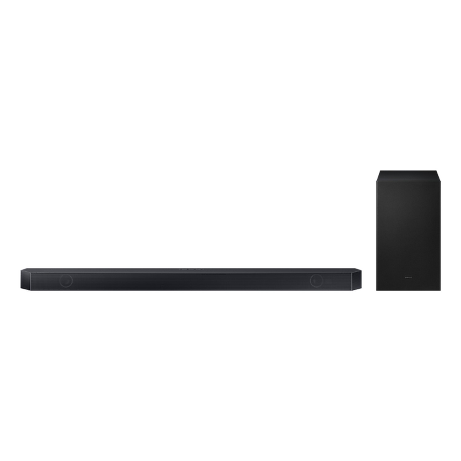 Zwarte soundbar en subwoofer set. Soundbar is lang en slank, subwoofer is rechthoekig en rechtop.