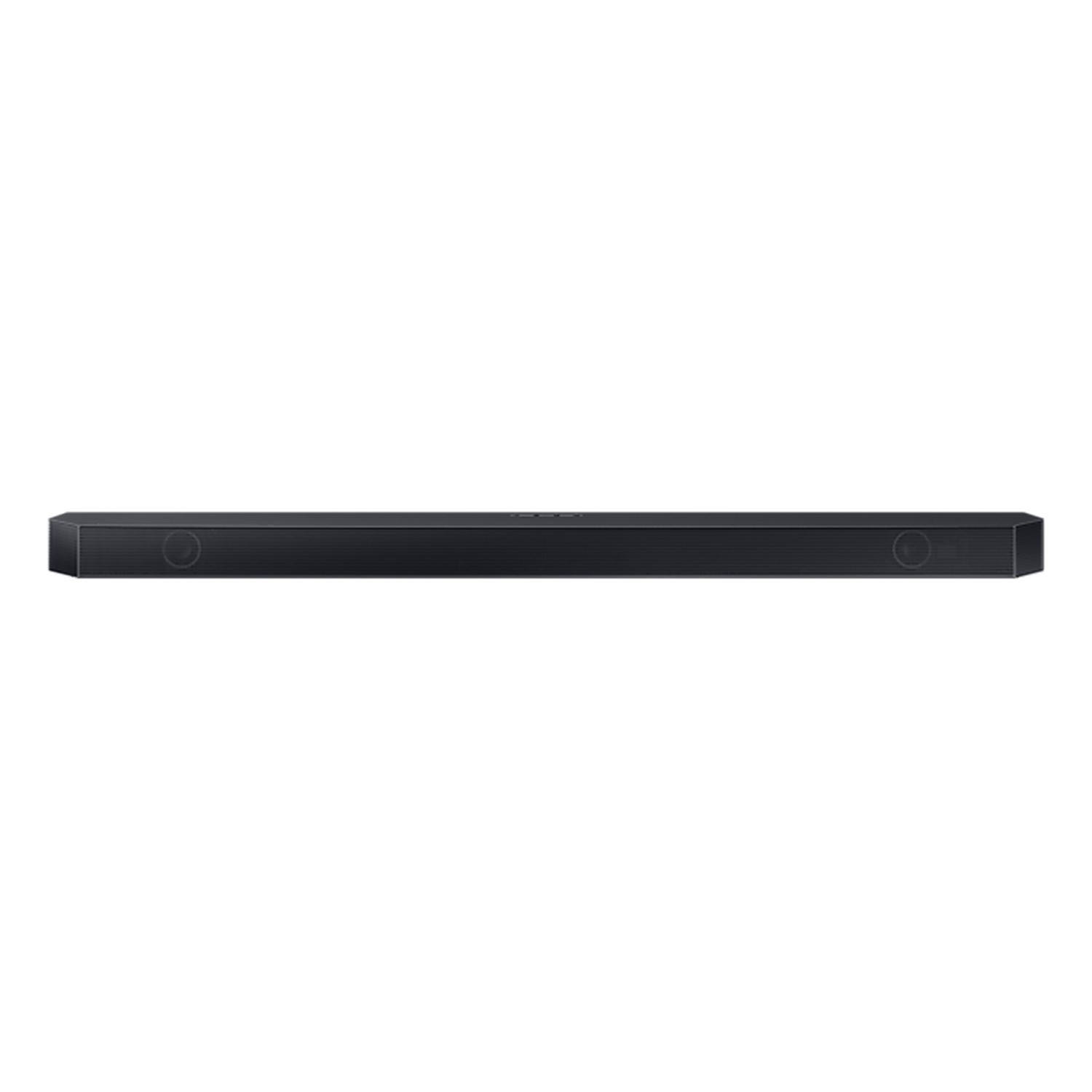Een lange, zwarte soundbar. Het heeft twee cirkels aan elk uiteinde en een rij cirkels in het midden.
