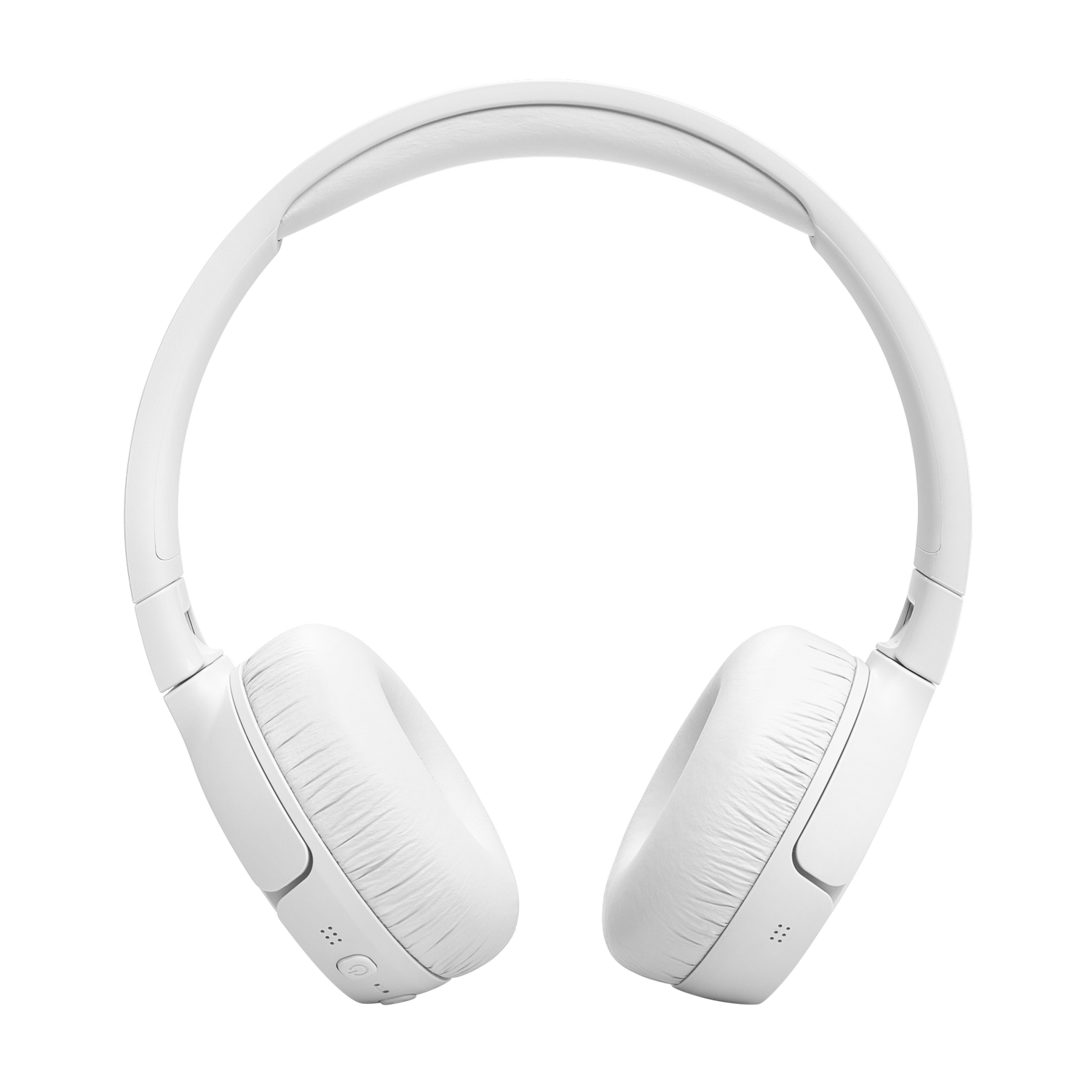 White JBL headphones, overhead view, on a black background.