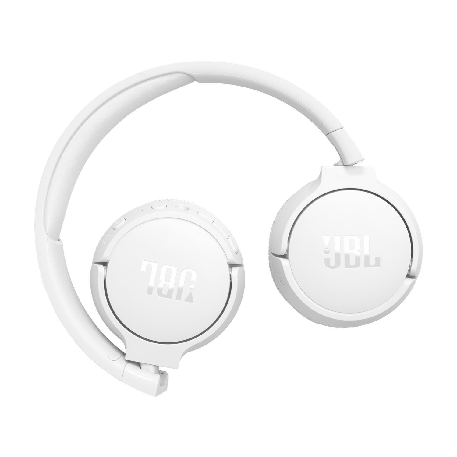 White JBL headphones, folded. Earcups with JBL logo. Black background.