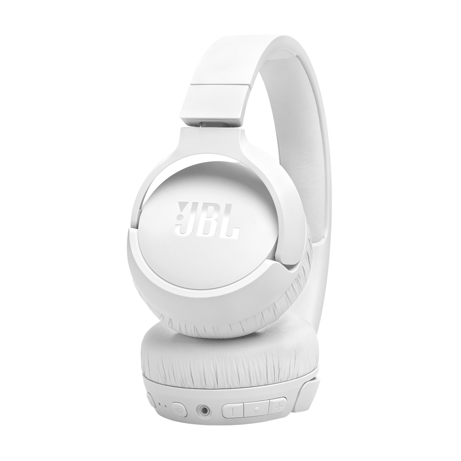 A pair of white JBL headphones isolated on a black background.