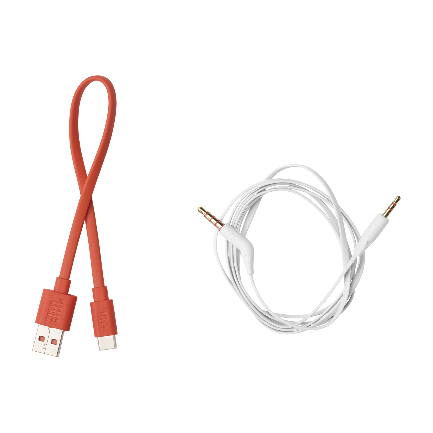 Two cables: a red USB-C and a white audio cable with connectors.