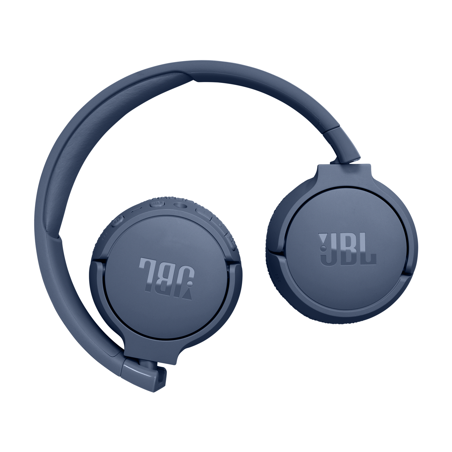 Blue wireless headphones on a black background.
