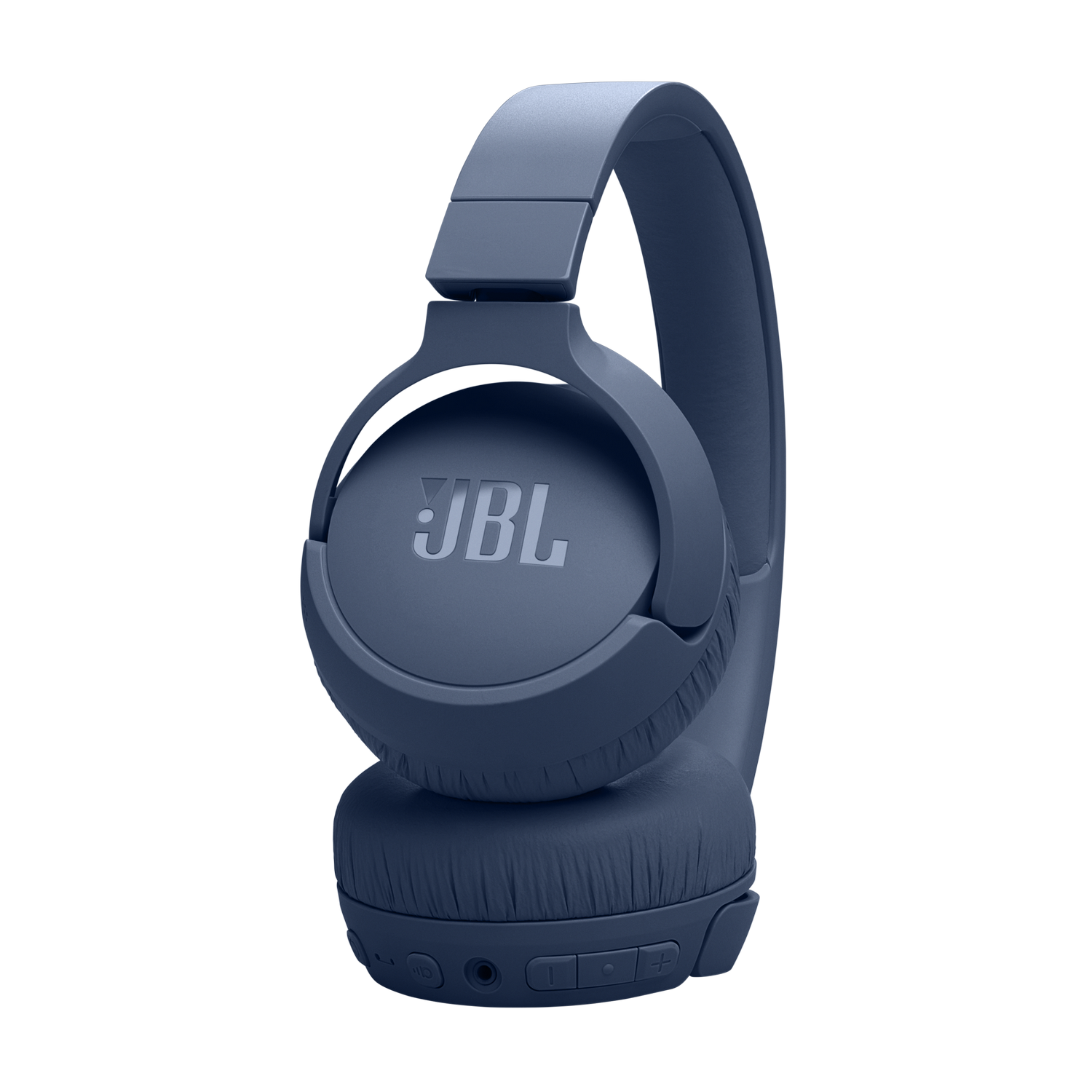 Blue JBL headphones on a black background, with the JBL logo on the side.