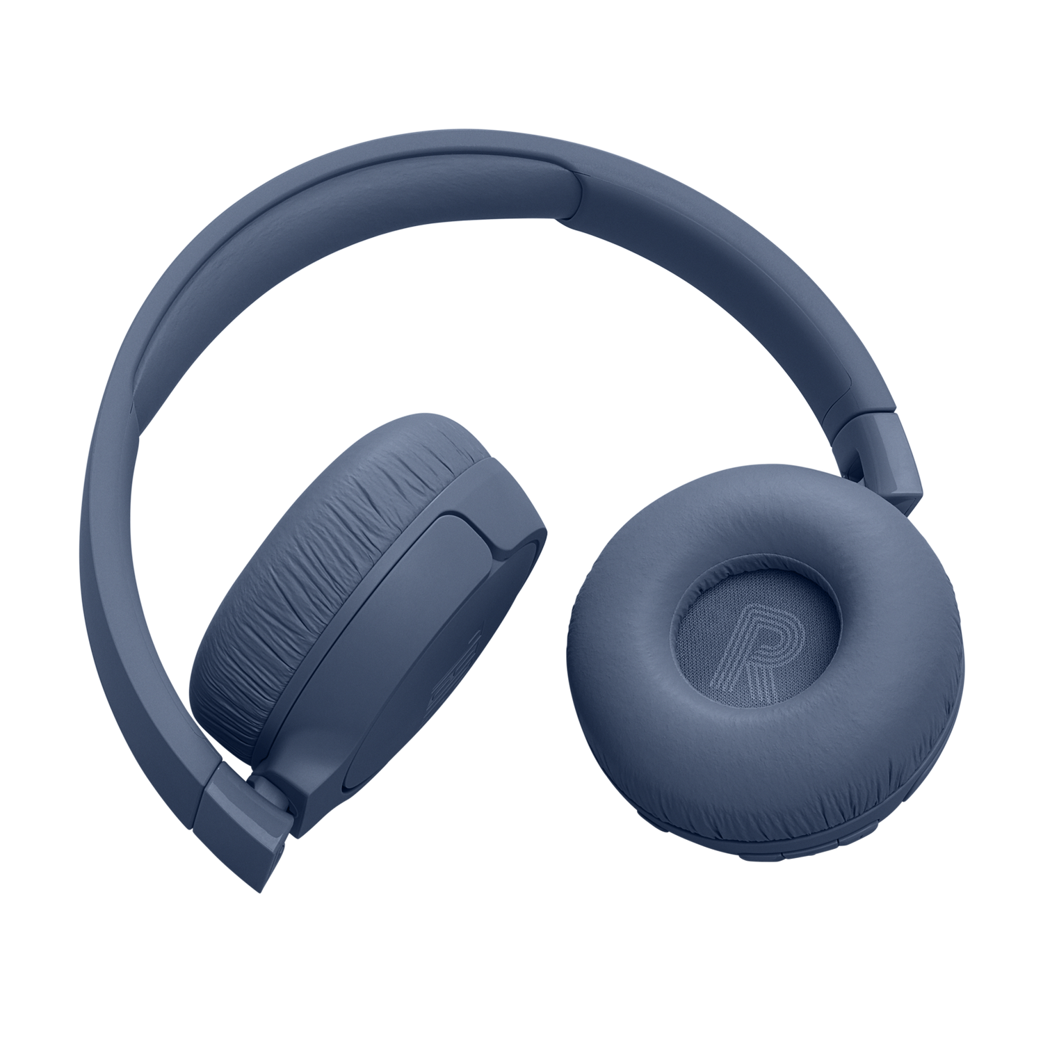 Blue JBL headphones, angled open, on a black background.