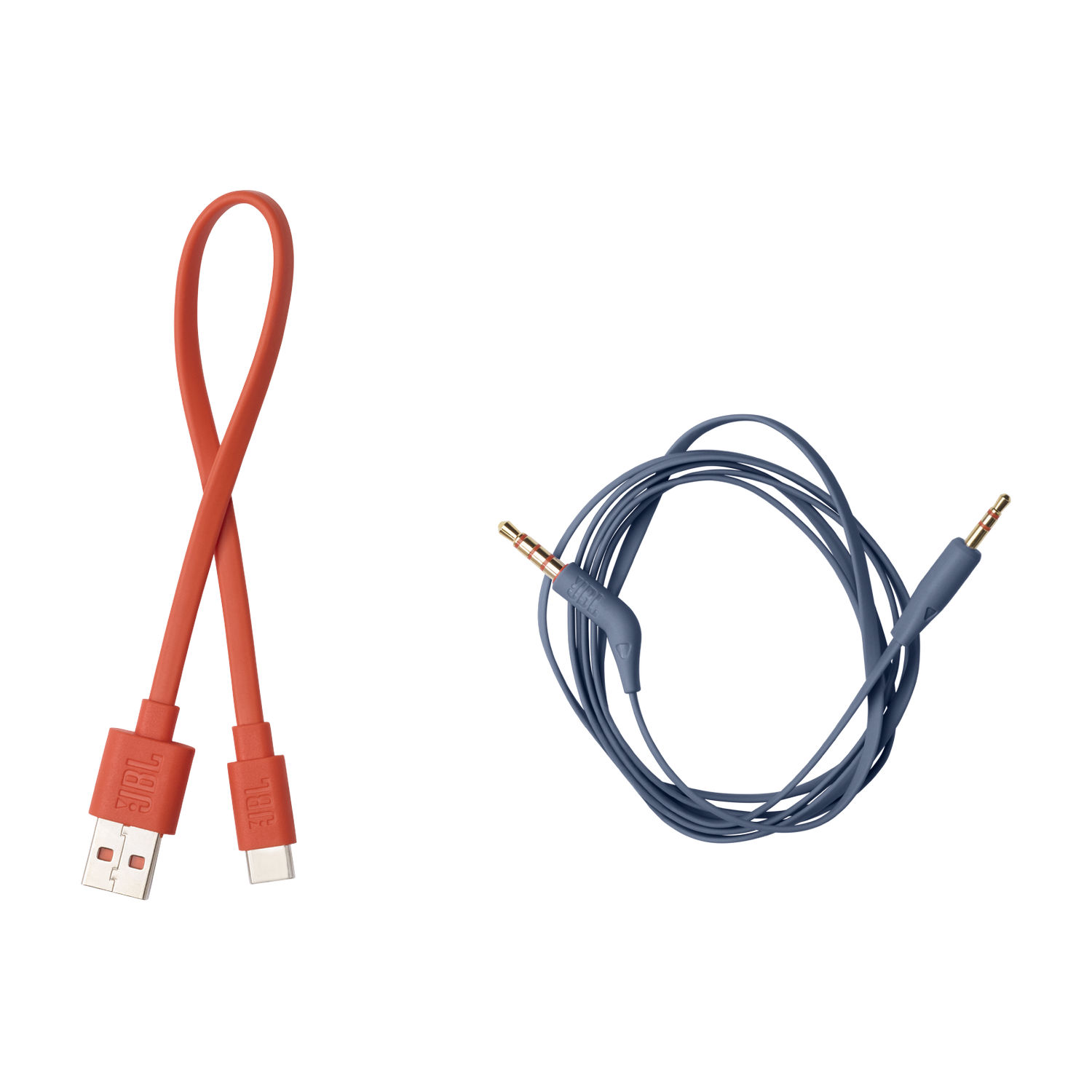 Two JBL audio cables: red USB-C and blue AUX cable.