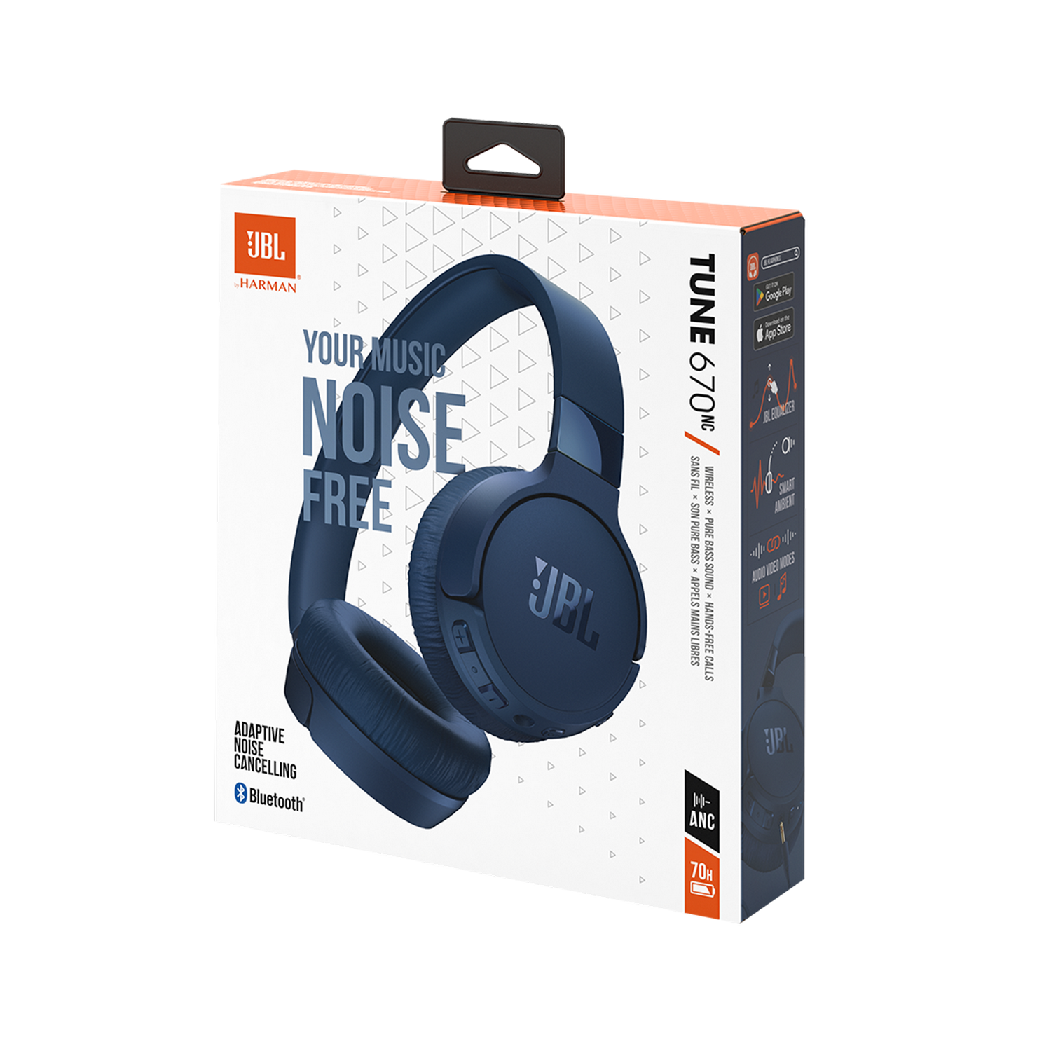 JBL Tune 670NC headphones in a box, showing the headphones and product information.