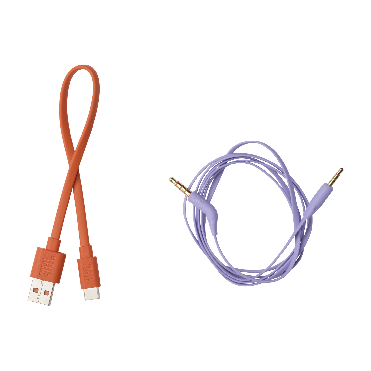 Twee kabels: oranje USB-C en paarse audiokabel met gouden connectoren.