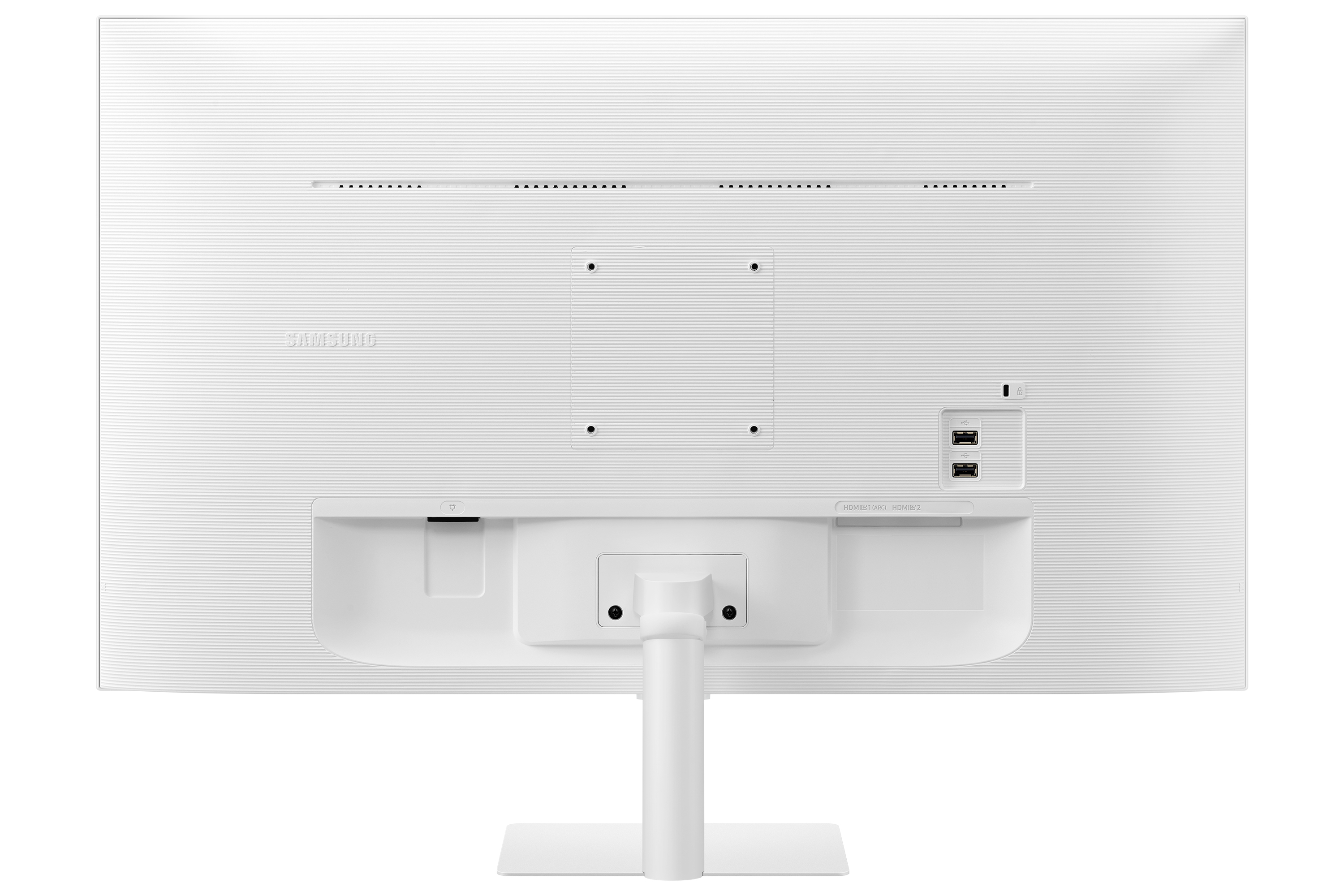 Vista trasera de un monitor de ordenador blanco con el logotipo de Samsung y puertos.