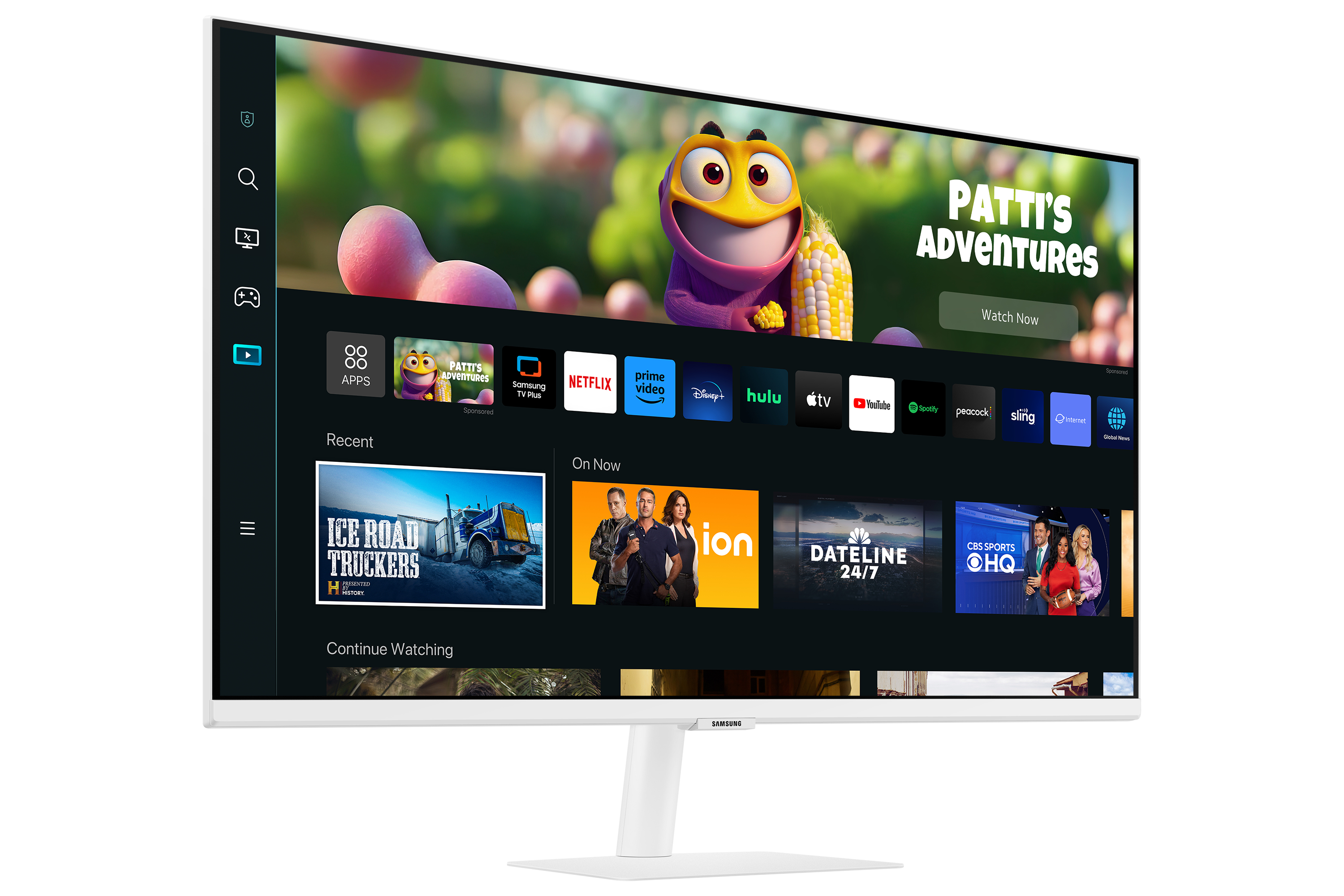 TV Samsung blanco mostrando una interfaz de servicio de transmisión con una caricatura.