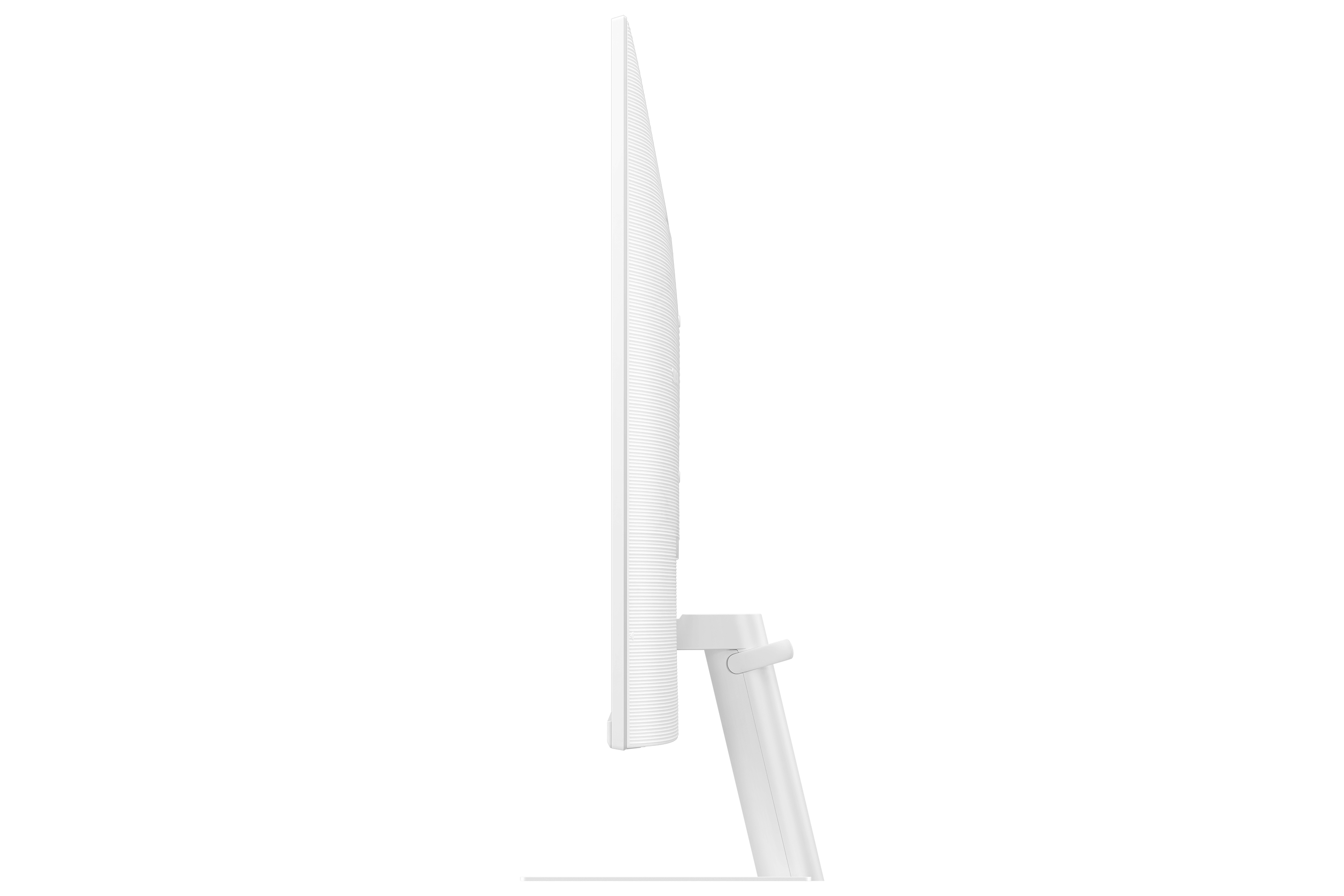Monitor de computadora blanco de lado. La pantalla es blanca. El soporte es blanco y sostiene el monitor.
