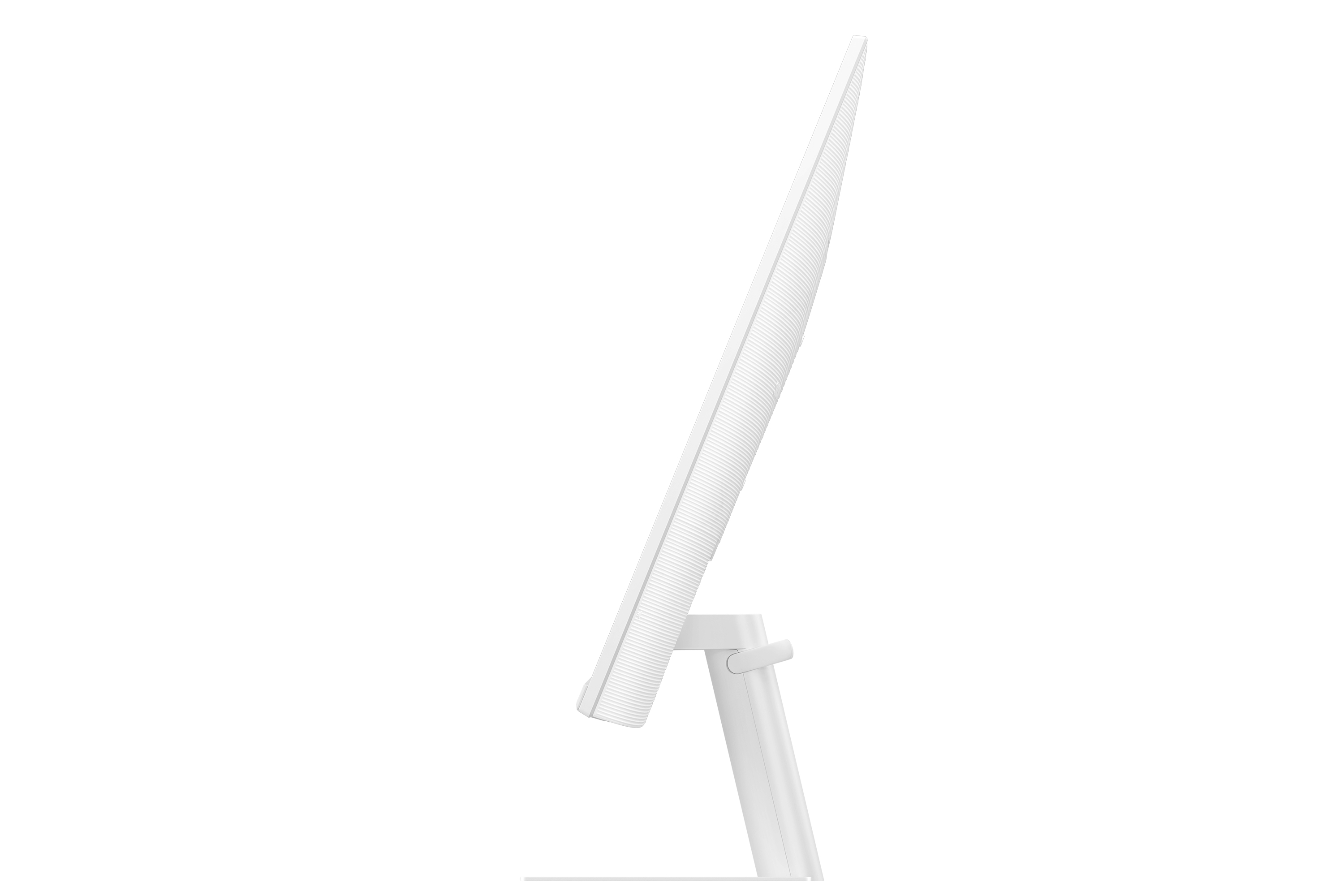 Un monitor de ordenador blanco sobre un soporte, visto de lado, mostrando una pantalla curva.