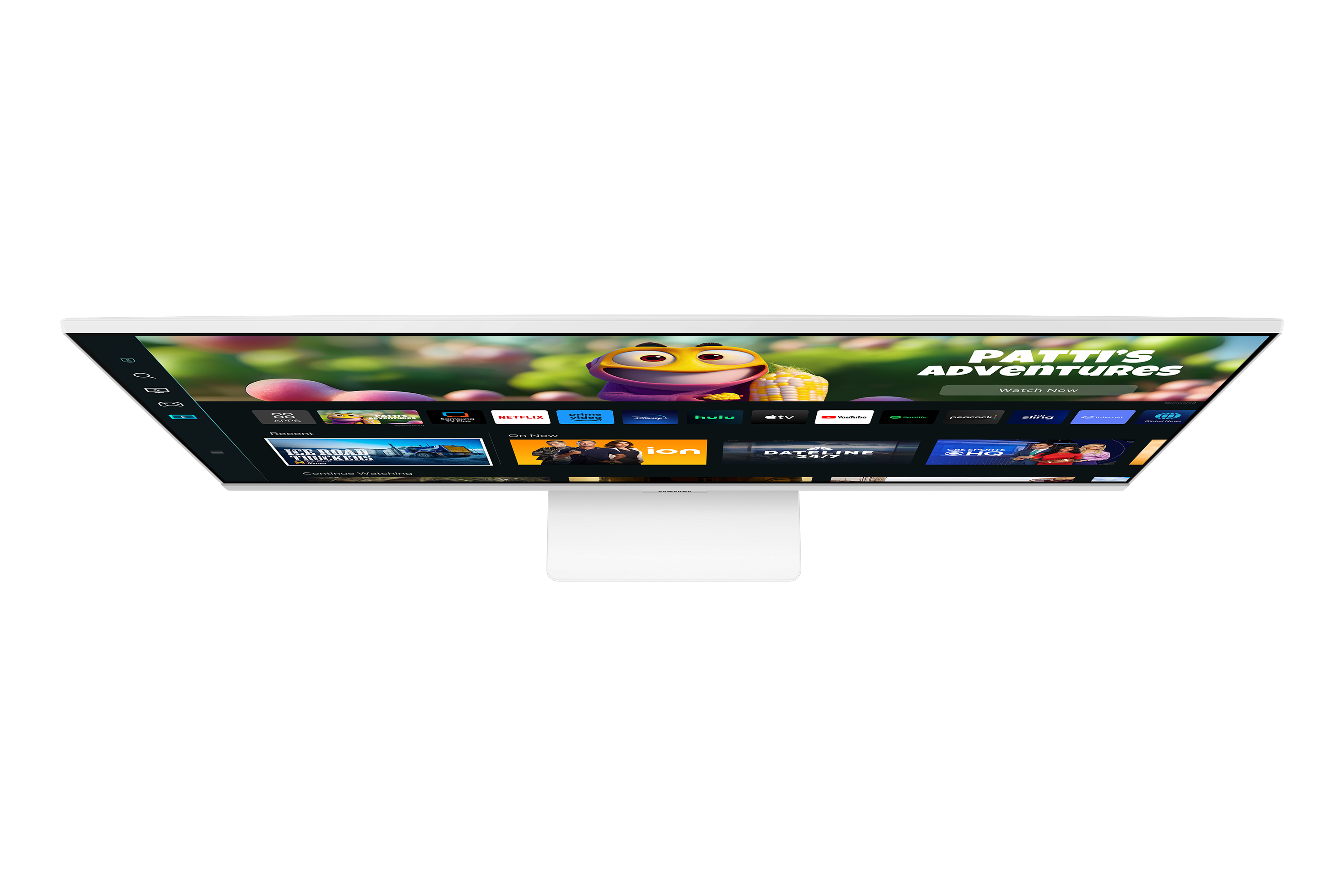 Vista desde arriba de un monitor blanco que muestra servicios de streaming: Netflix, Hulu, y otros.