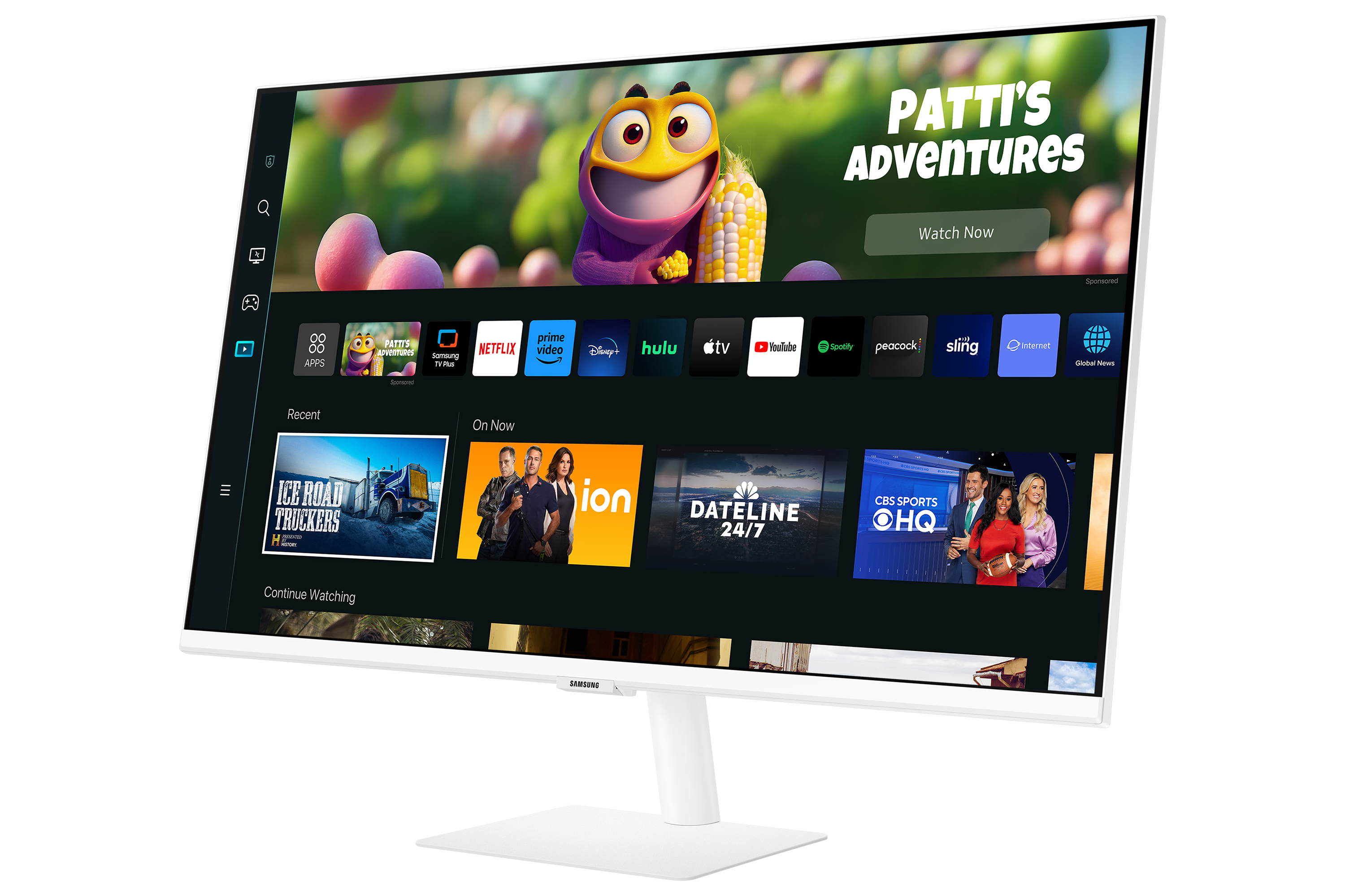 Monitor blanco mostrando un servicio de streaming. Aplicaciones y contenido en pantalla.