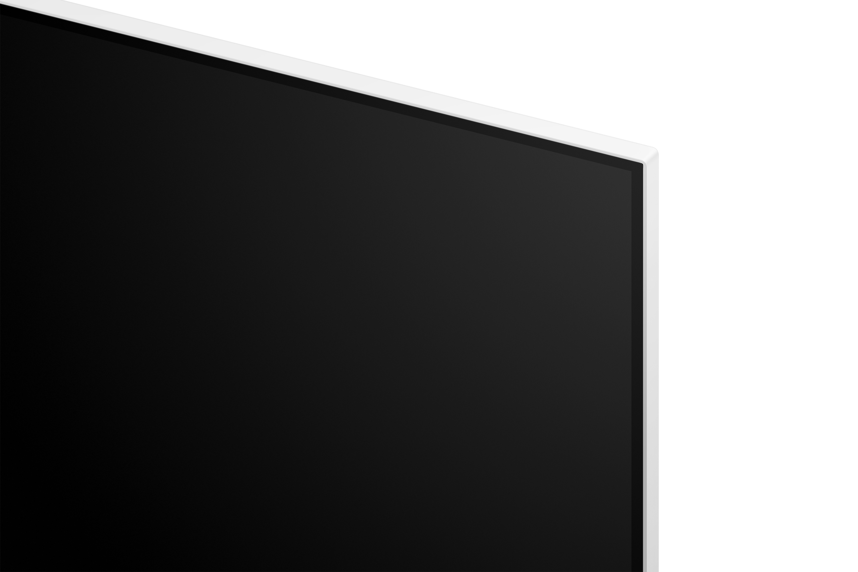 Primer plano de una pantalla de TV negra con borde blanco sobre fondo blanco.