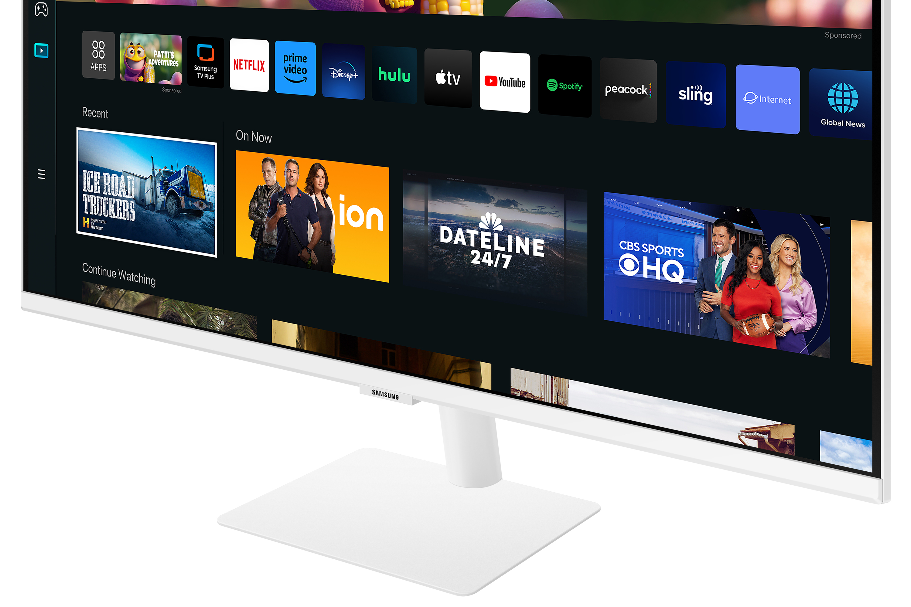 Monitor blanco que muestra una interfaz de servicio de transmisión con múltiples aplicaciones.
