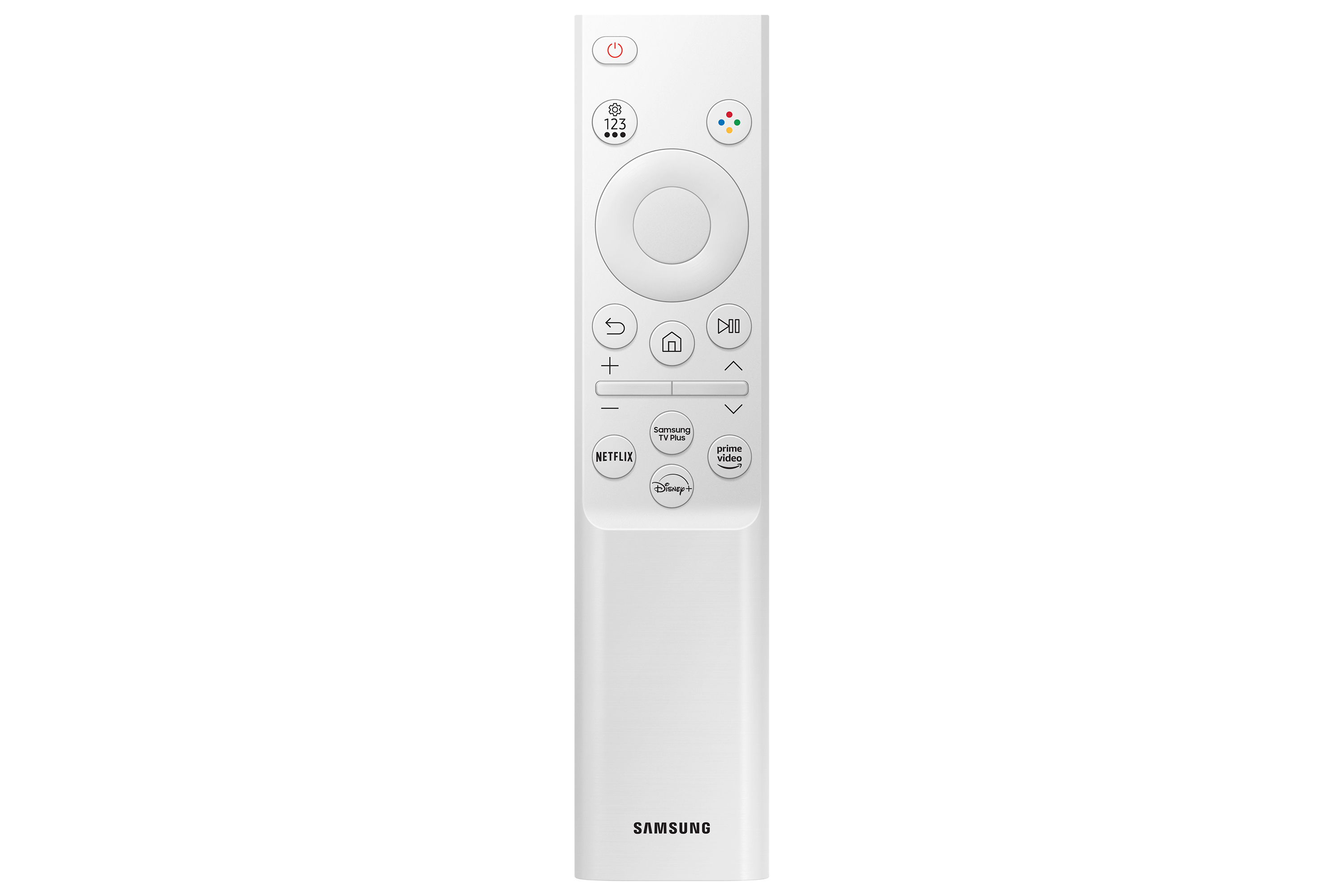 Un mando a distancia blanco con muchos botones, incluyendo encendido, volumen y opciones de TV inteligente.