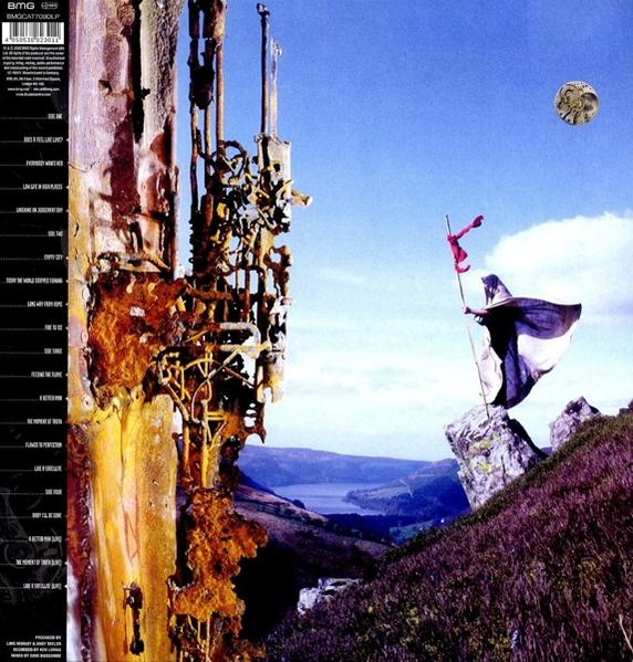 Albumcover mit Person mit Flagge auf Berg, surreale Landschaft.