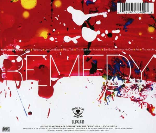 CD-Cover: Roter Hintergrund mit weißen Farbspritzern, Text und dem CD-Titel 'Remedy'.