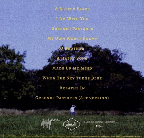 Rückseite einer Schallplatte mit Songtiteln und Credits in Weiß auf blau-grünem Hintergrund.