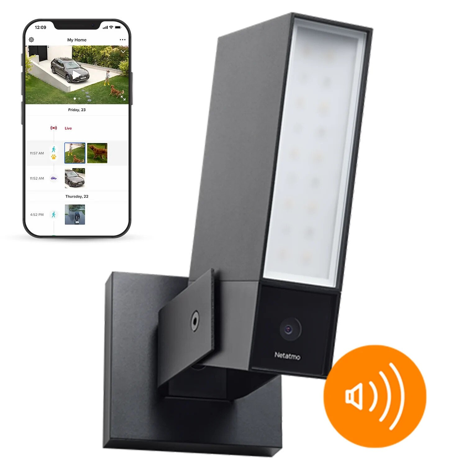 Czarna kamera monitoringu z ekranem telefonu pokazującym samochód. Ikona fal dźwiękowych po prawej.