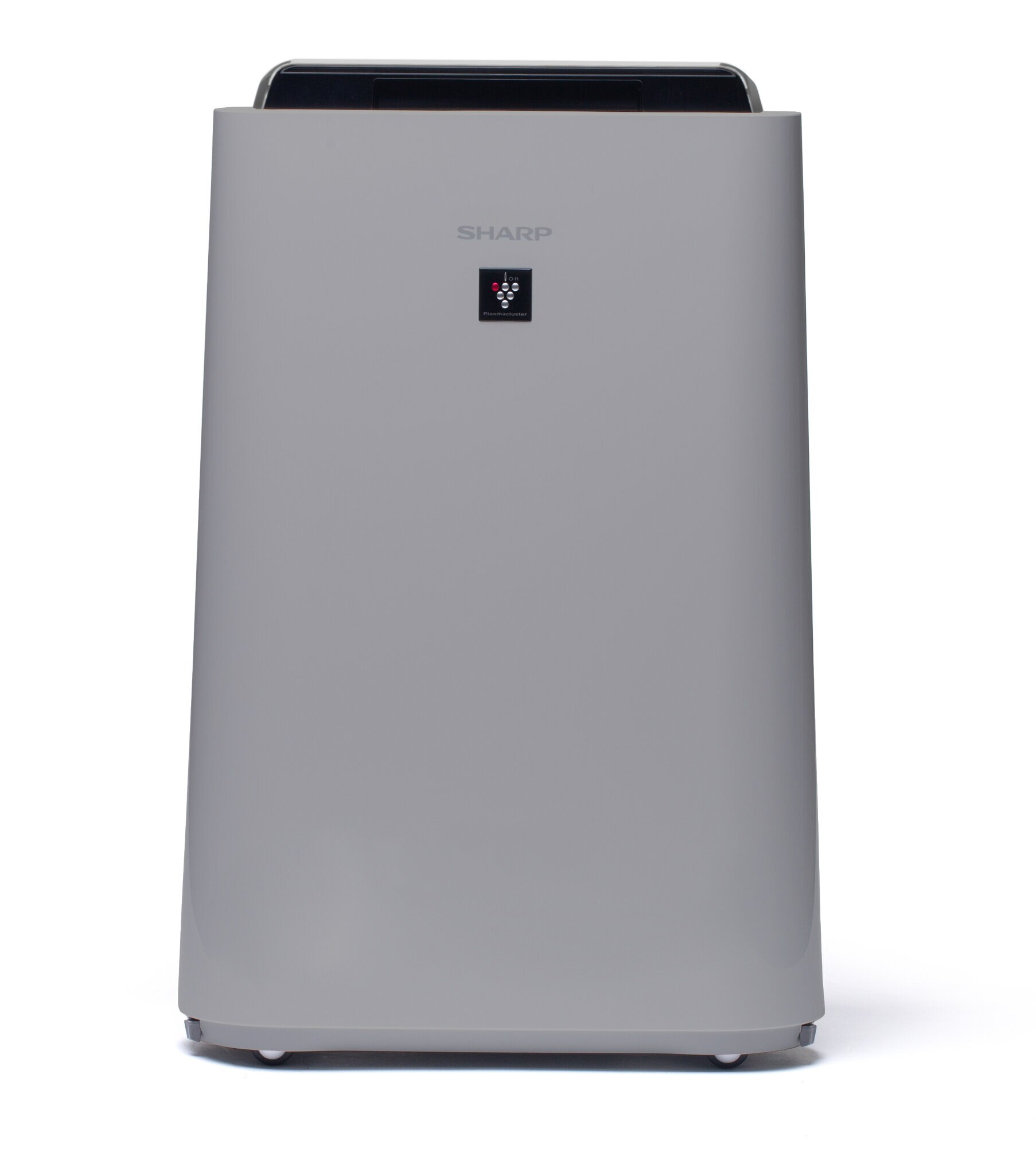 Szara oczyszczacz powietrza Sharp. Wysoki prostokątny kształt, z wyświetlaczem i przyciskami.
