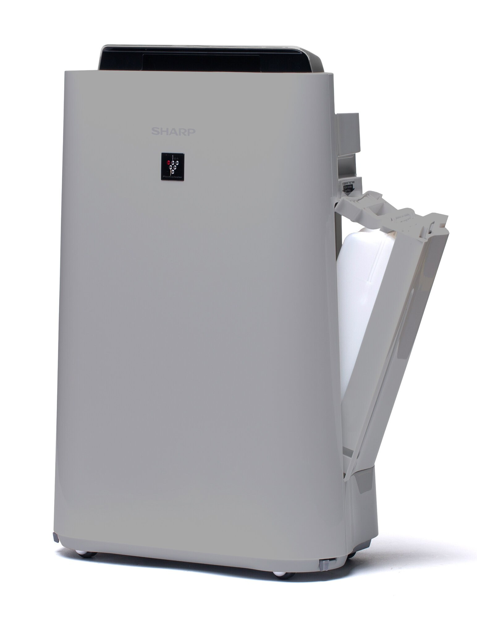 Szary oczyszczacz powietrza SHARP z otwartą komorą, odsłaniający biały filtr.
