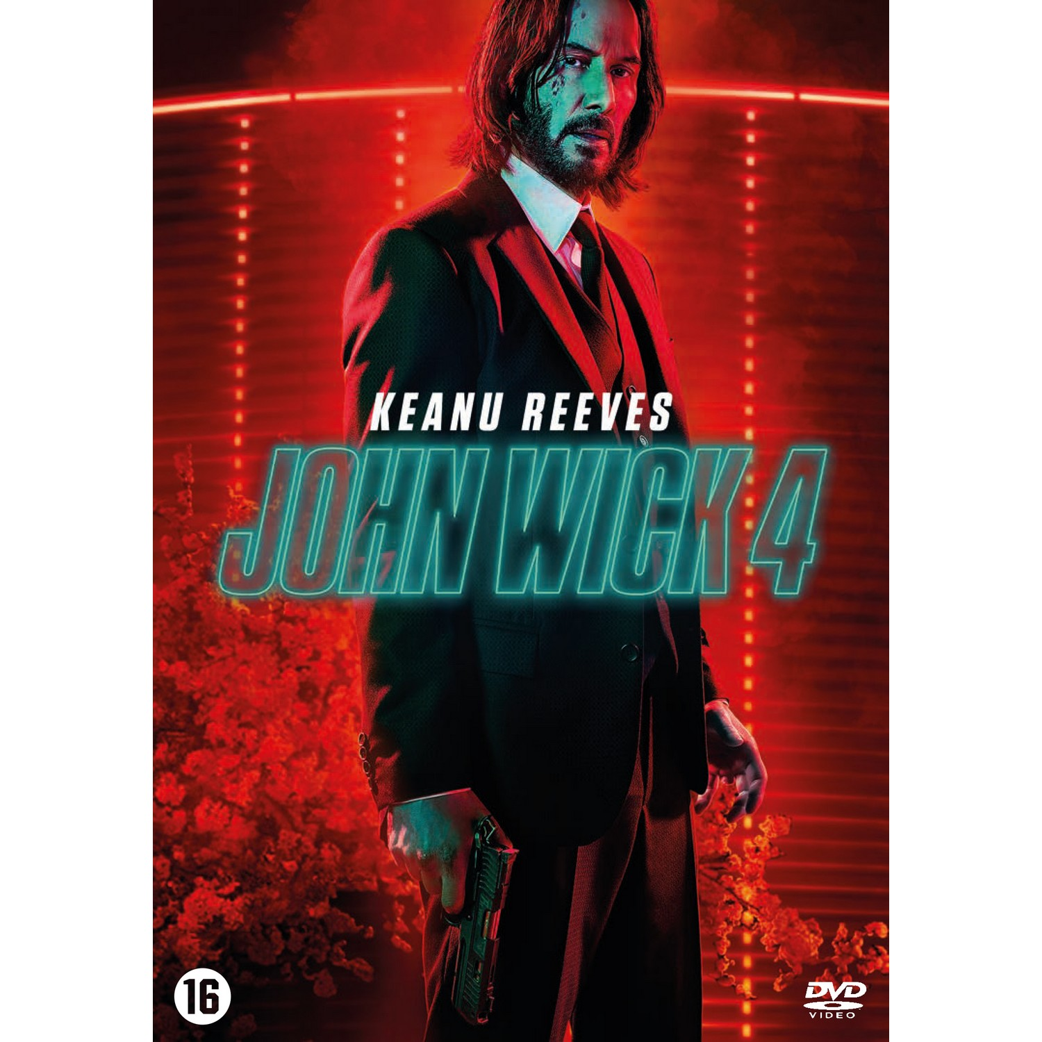 Couverture DVD de John Wick 4. Keanu Reeves en costume, tenant une arme. Palette de couleurs rouge et noire.