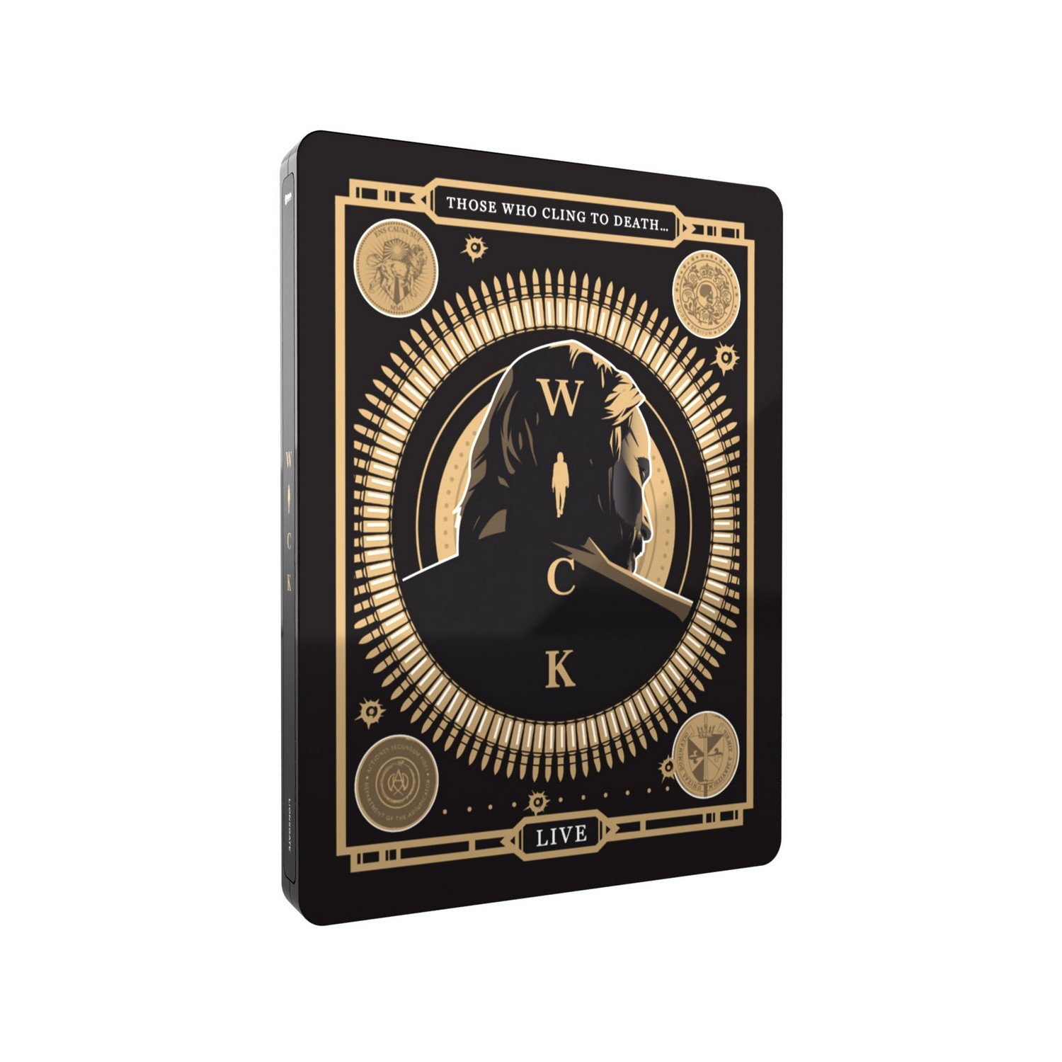 John Wick Steelbook: Zwarte cover, gouden design. Man's silhouet, kogels, munten.