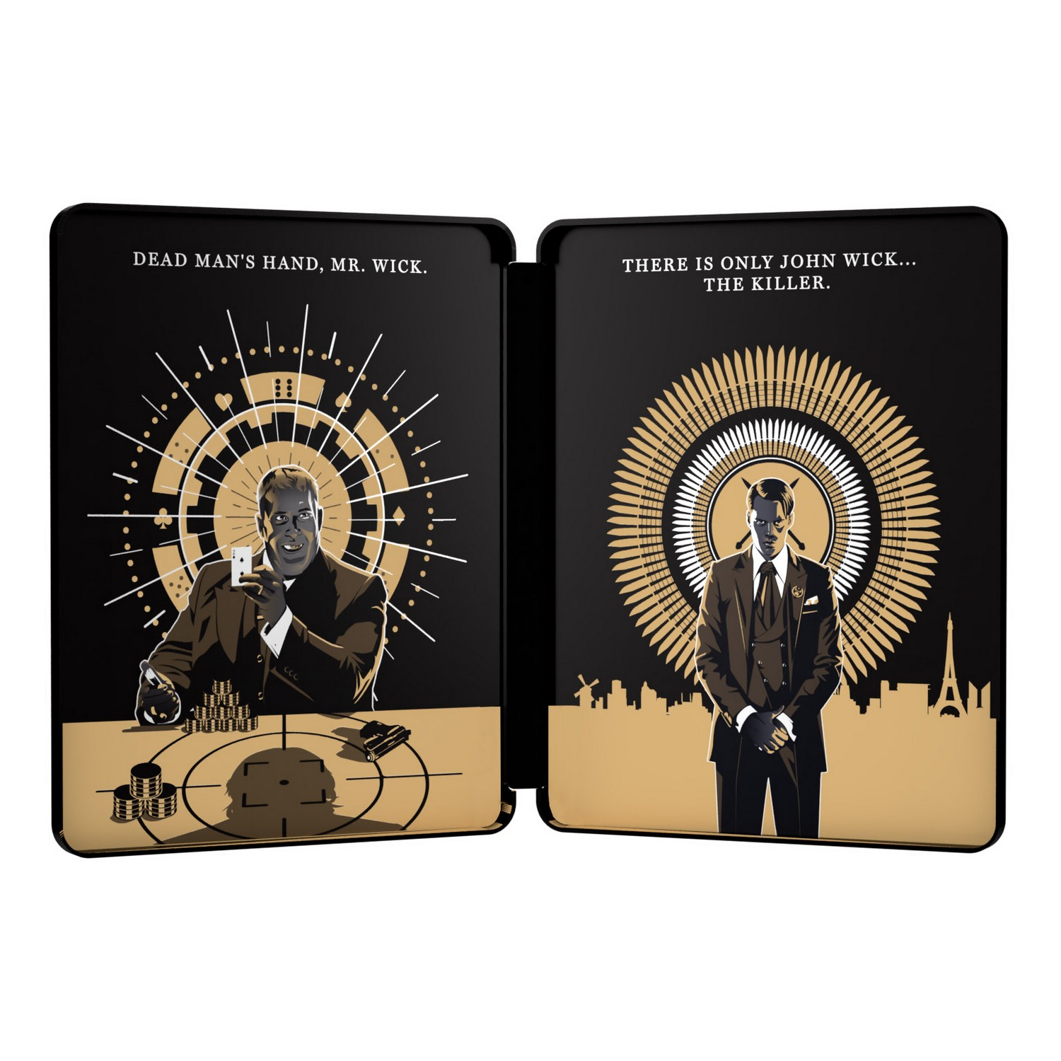 John Wick film steelbook case open. Eén kant toont een man met kaarten, de andere een man met messen.