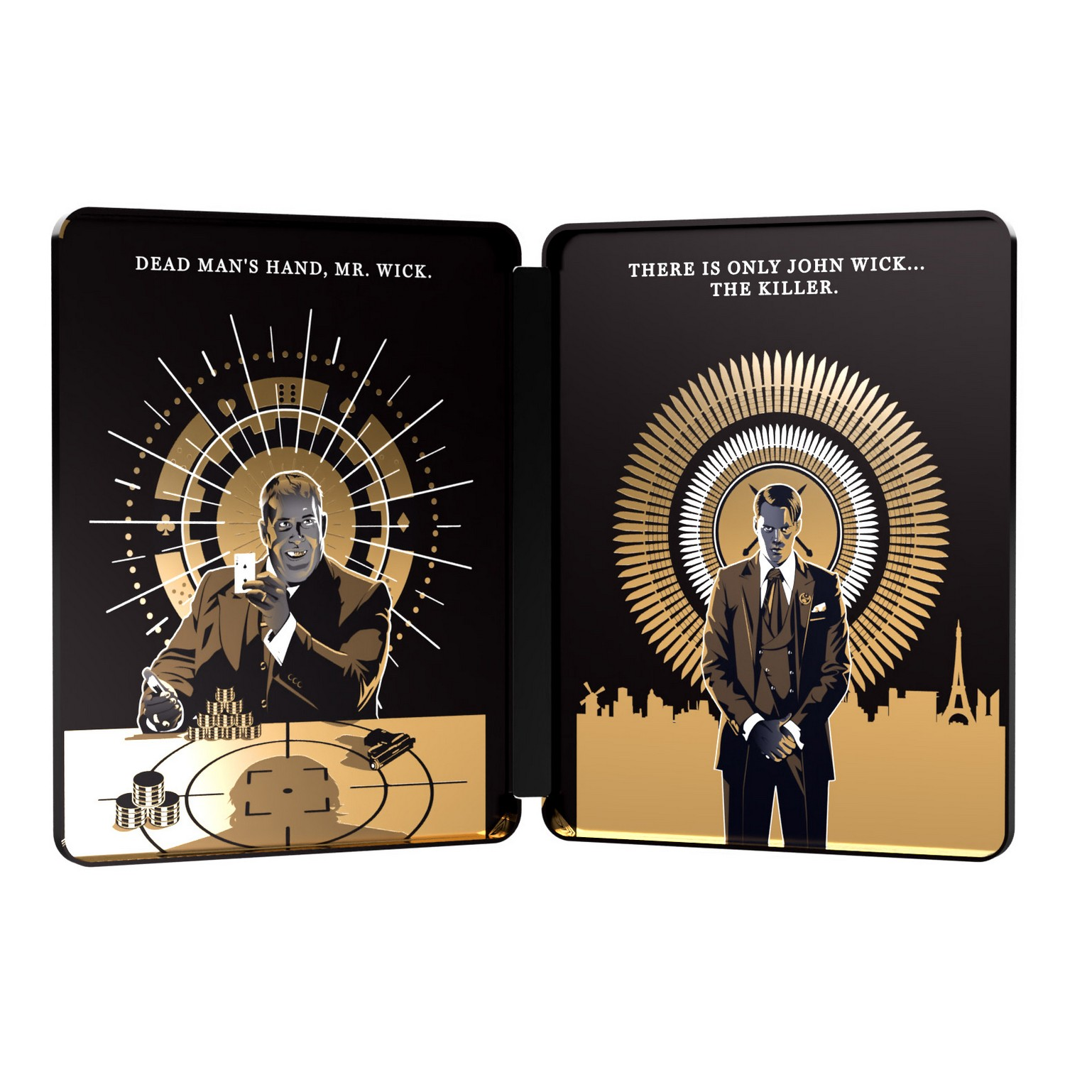 Geopende filmcase: John Wick artwork. Eén kant toont een man met kaarten, de andere met messen.