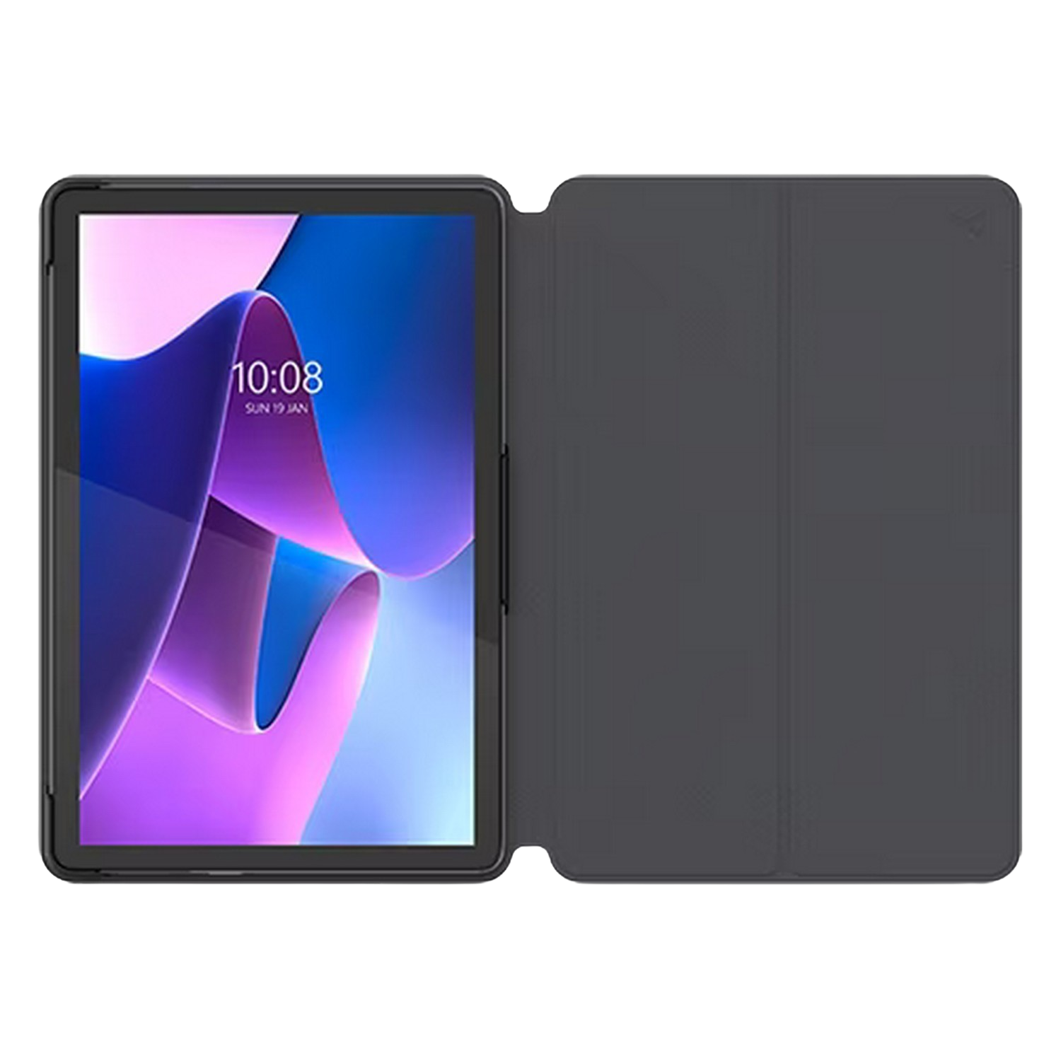 Une tablette avec un étui noir, affichant un écran avec des formes bleues et violettes.