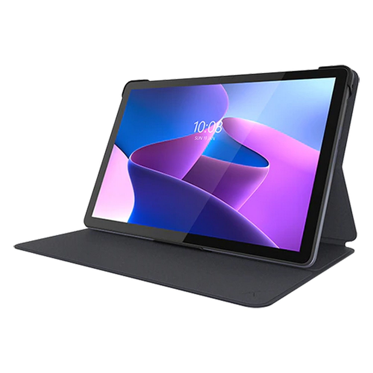 Tablette avec écran violet sur un étui gris foncé, posée sur une table.