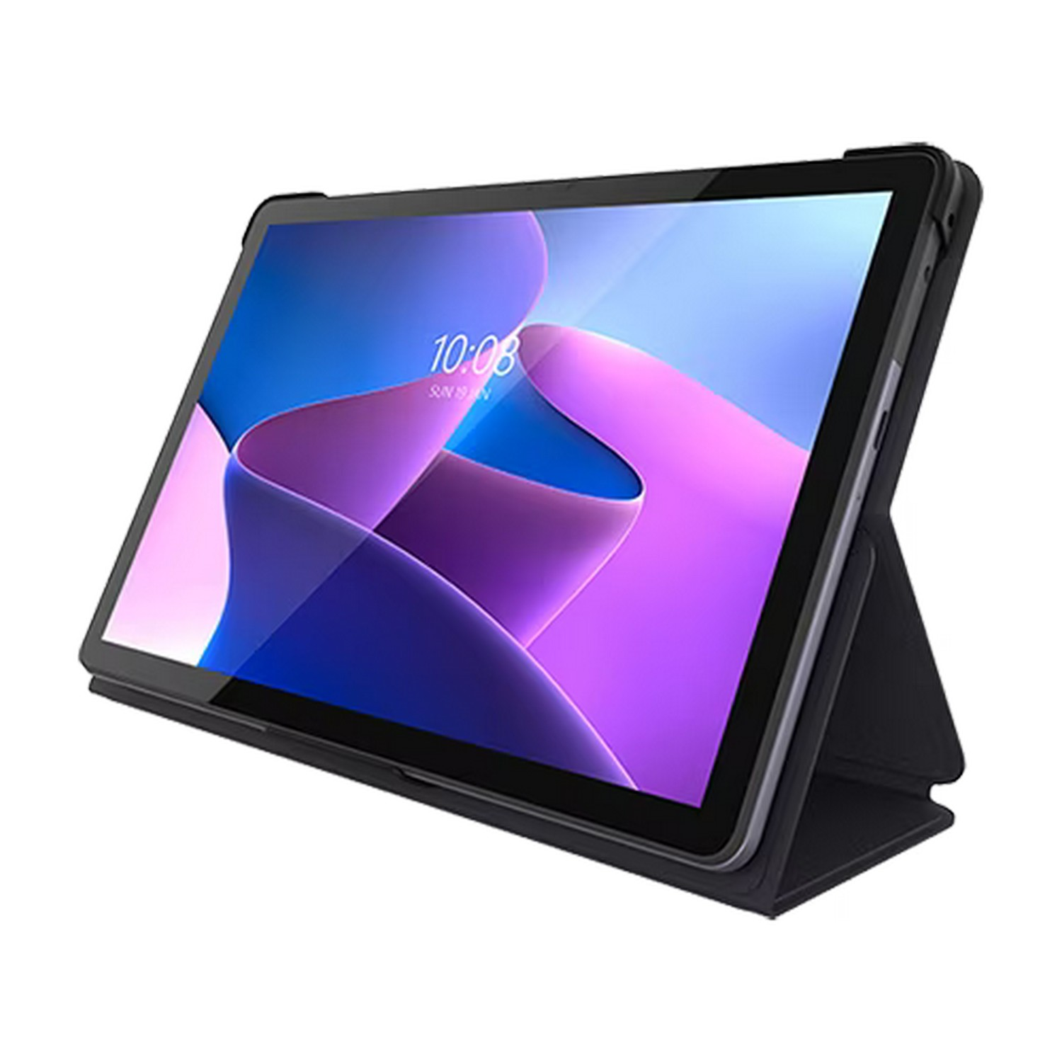 Tablette dans un étui noir, vue en angle. L'écran de la tablette affiche une interface colorée.