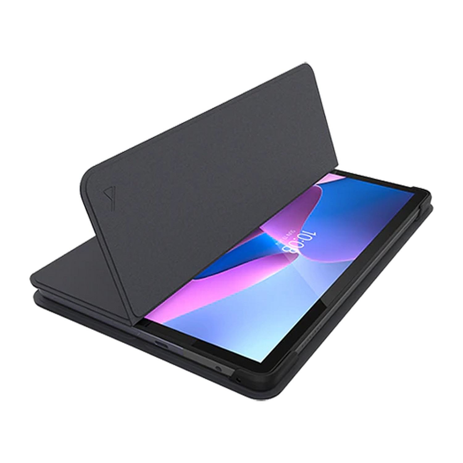 Tablette dans un étui noir, ouverte, affichant un écran avec du texte et une horloge.