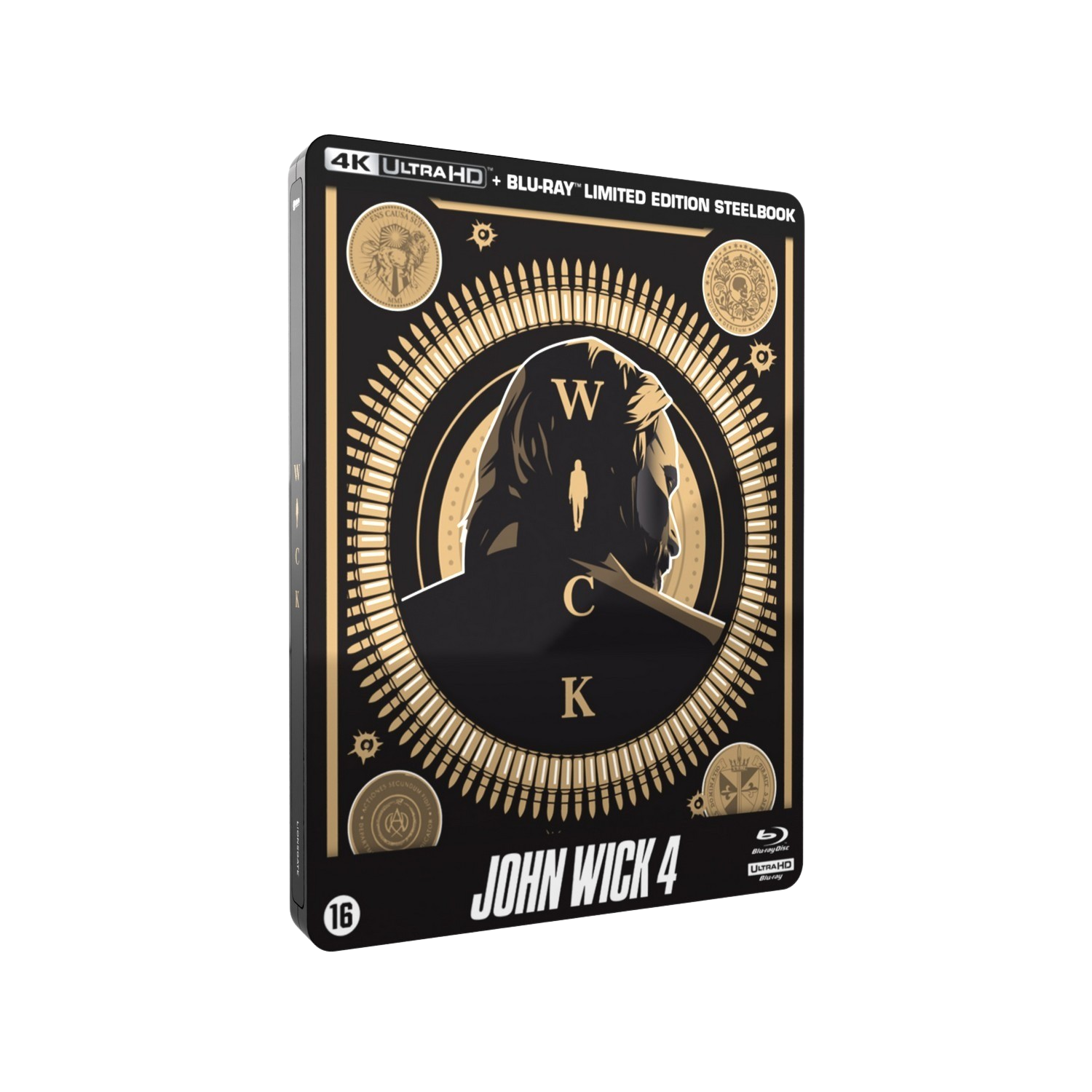 Boîtier Blu-ray John Wick 4. Design or et noir avec balles et pièces. Le logo 'John Wick' est visible.