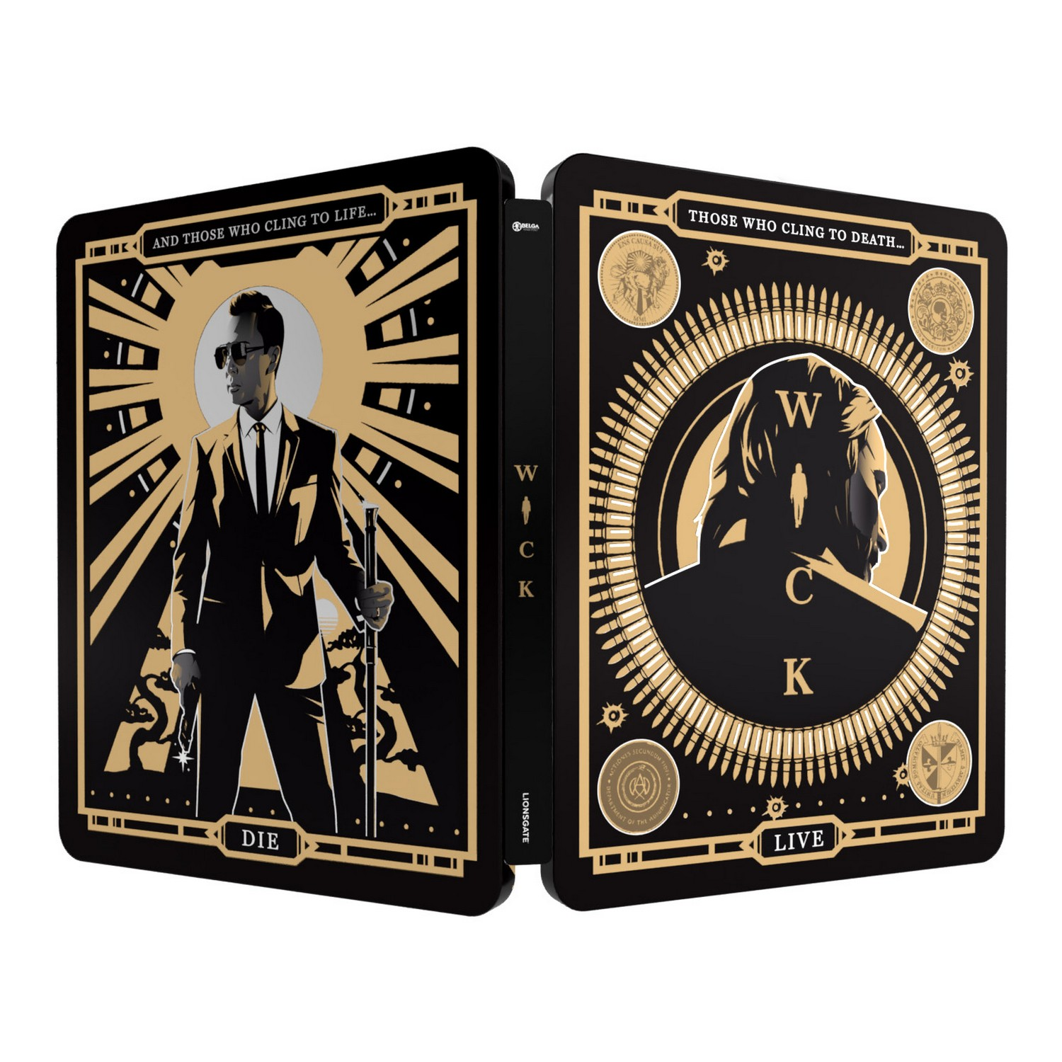 Couverture de film : Couverture noire recto-verso avec texte et illustrations dorés, thème 'John Wick'.