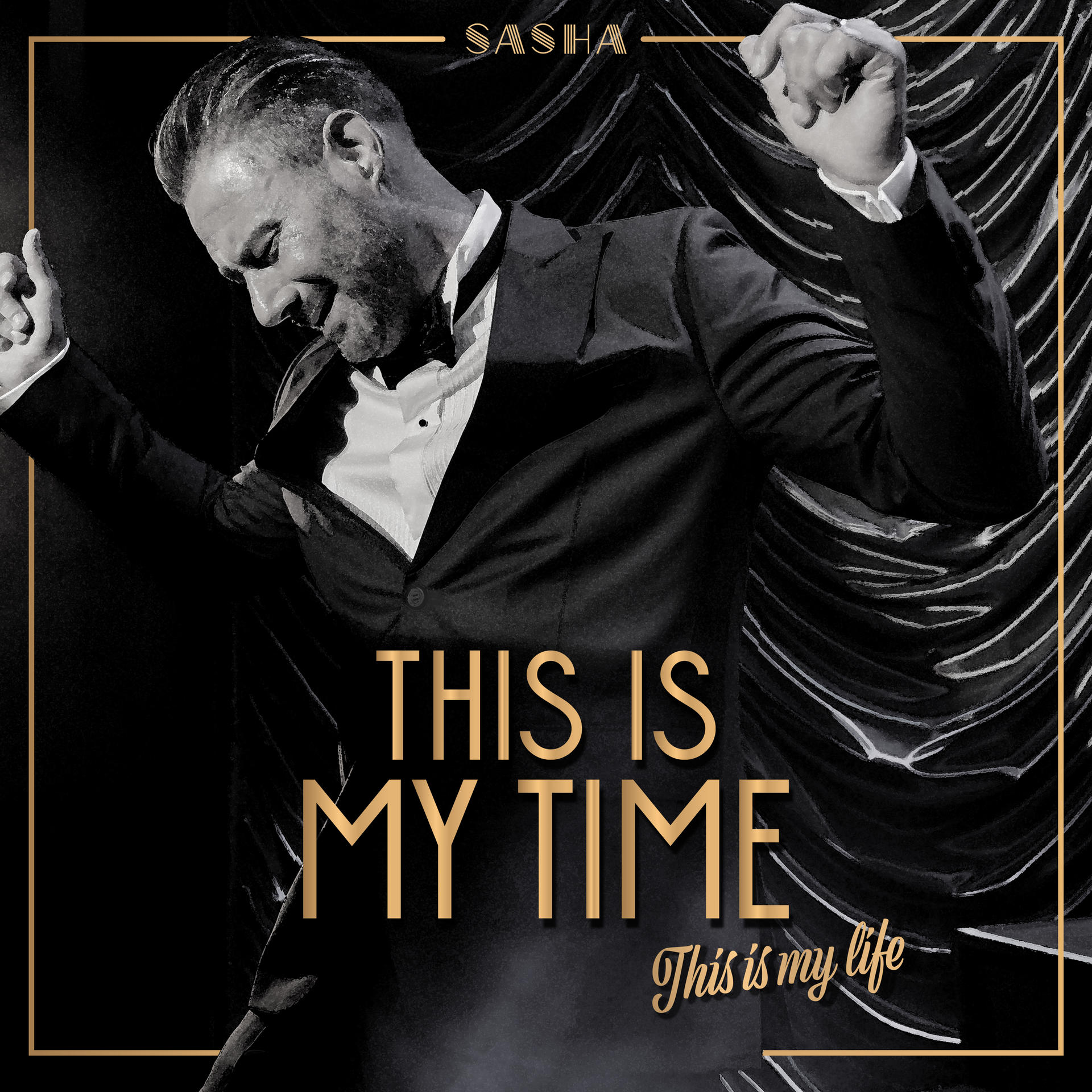 Ein Mann im Anzug mit dem Text 'This is my time' auf einem Poster.