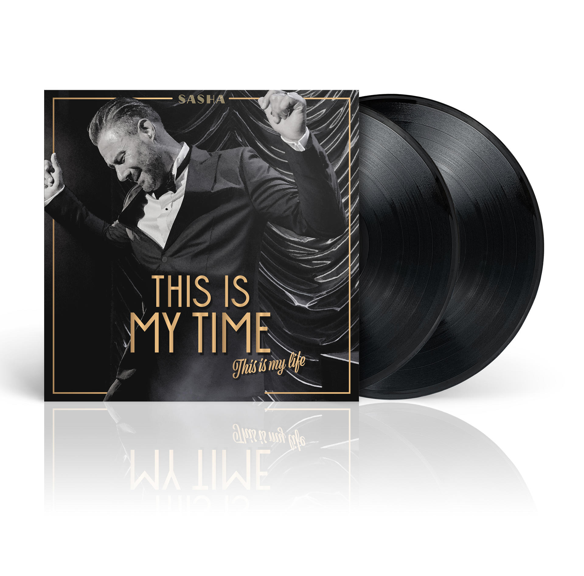 Vinyl-Schallplatten-Albumcover. Mann im Anzug, Titel: This is My Time. Zwei schwarze Vinyls.