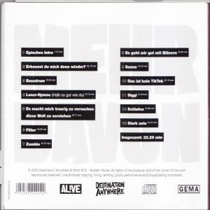 Rückseite einer CD-Hülle mit deutschen Titeln. Die Worte 'Mehr Davon' stehen in großen weißen Buchstaben.