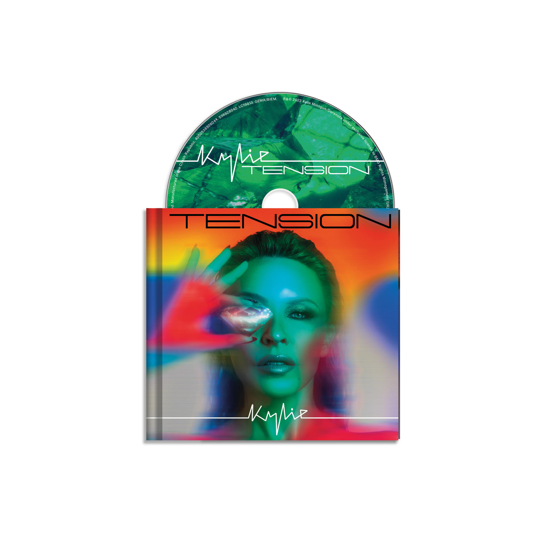CD und Cover von Kylie Minogues Album "Tension" mit ihrem Gesicht auf dem Cover.